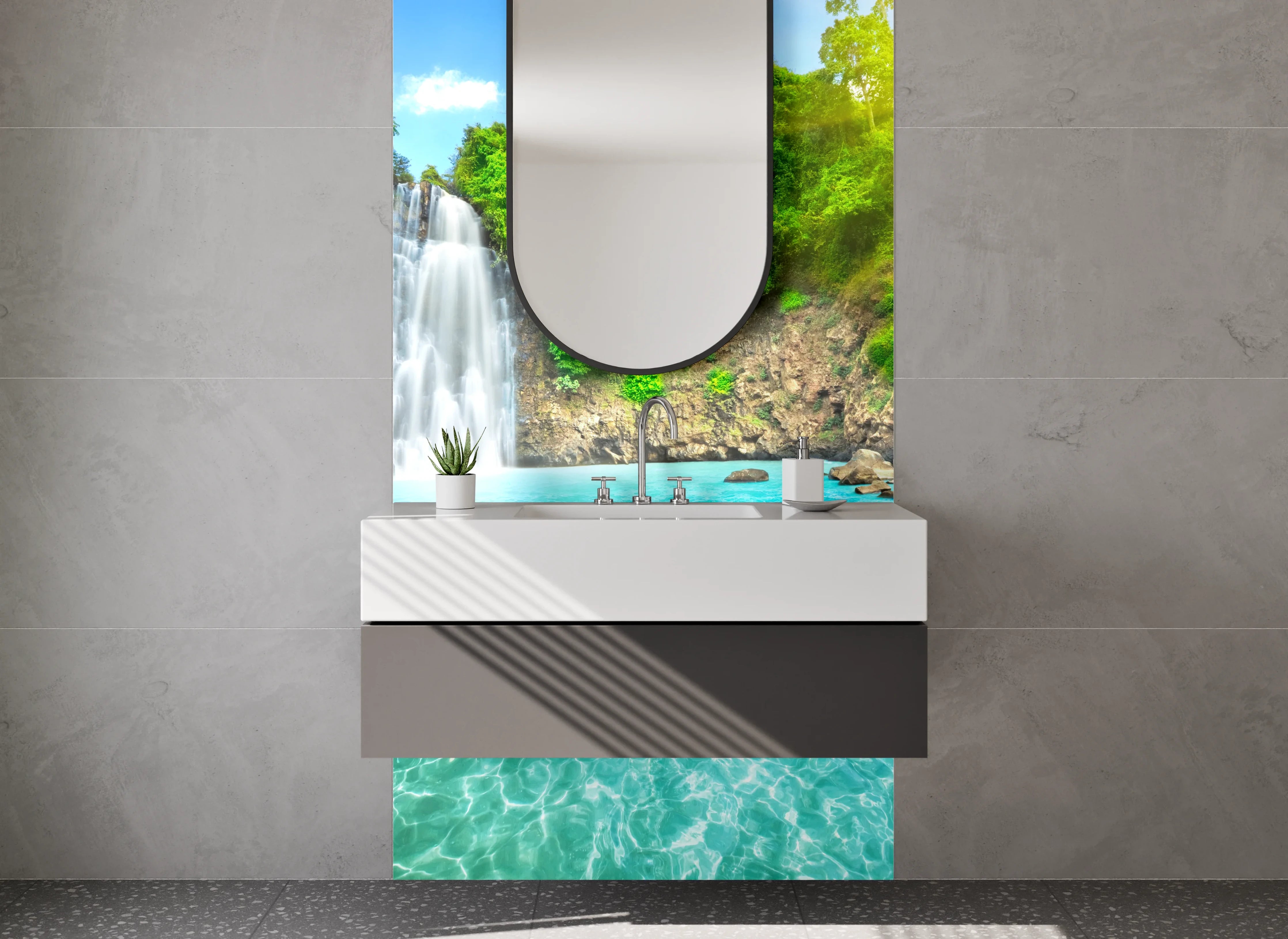 Waschbecken-Rückwand - Natur Wasserfall am türkisfarbenen See