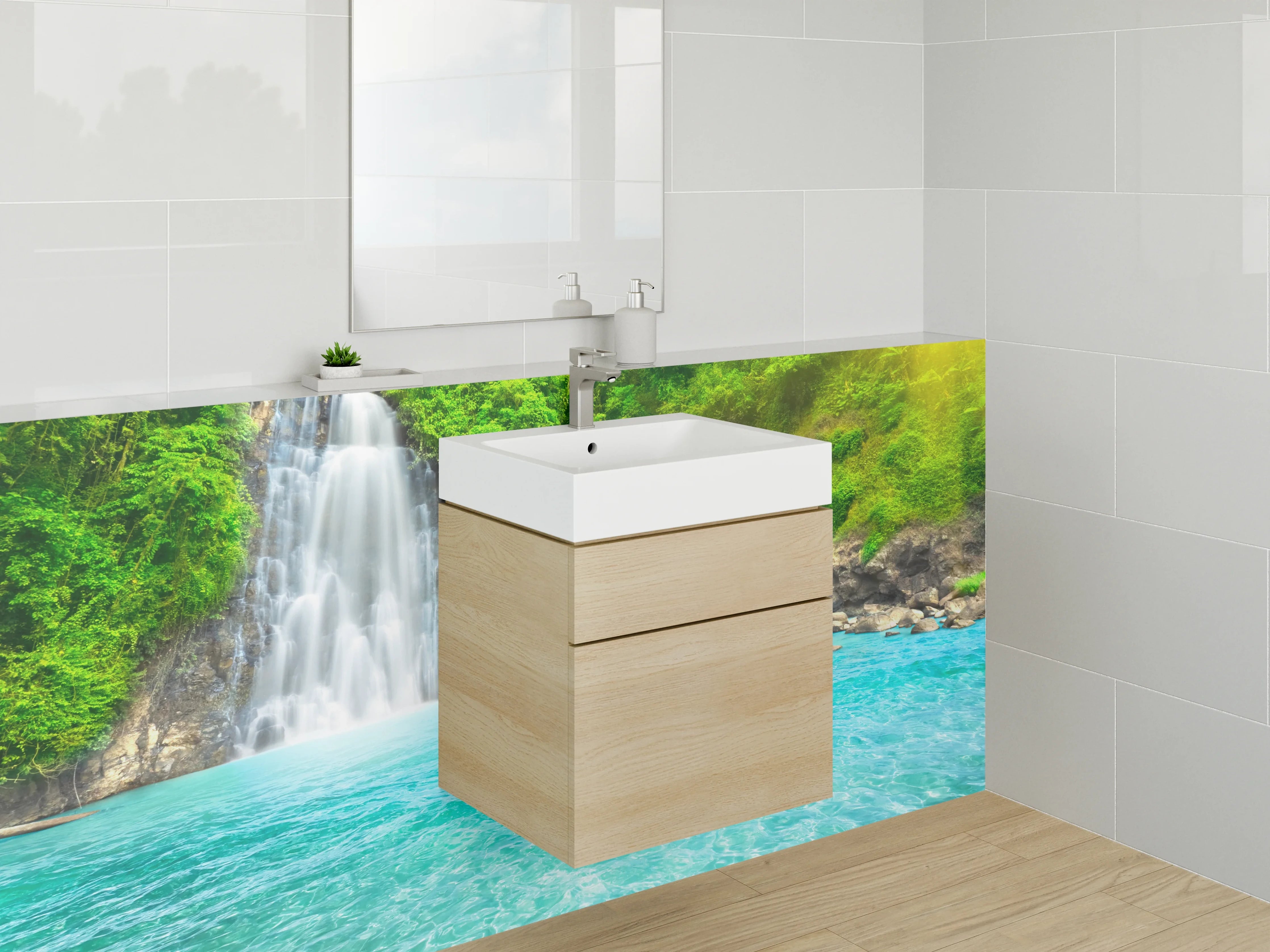 Waschbecken-Rückwand - Natur Wasserfall am türkisfarbenen See