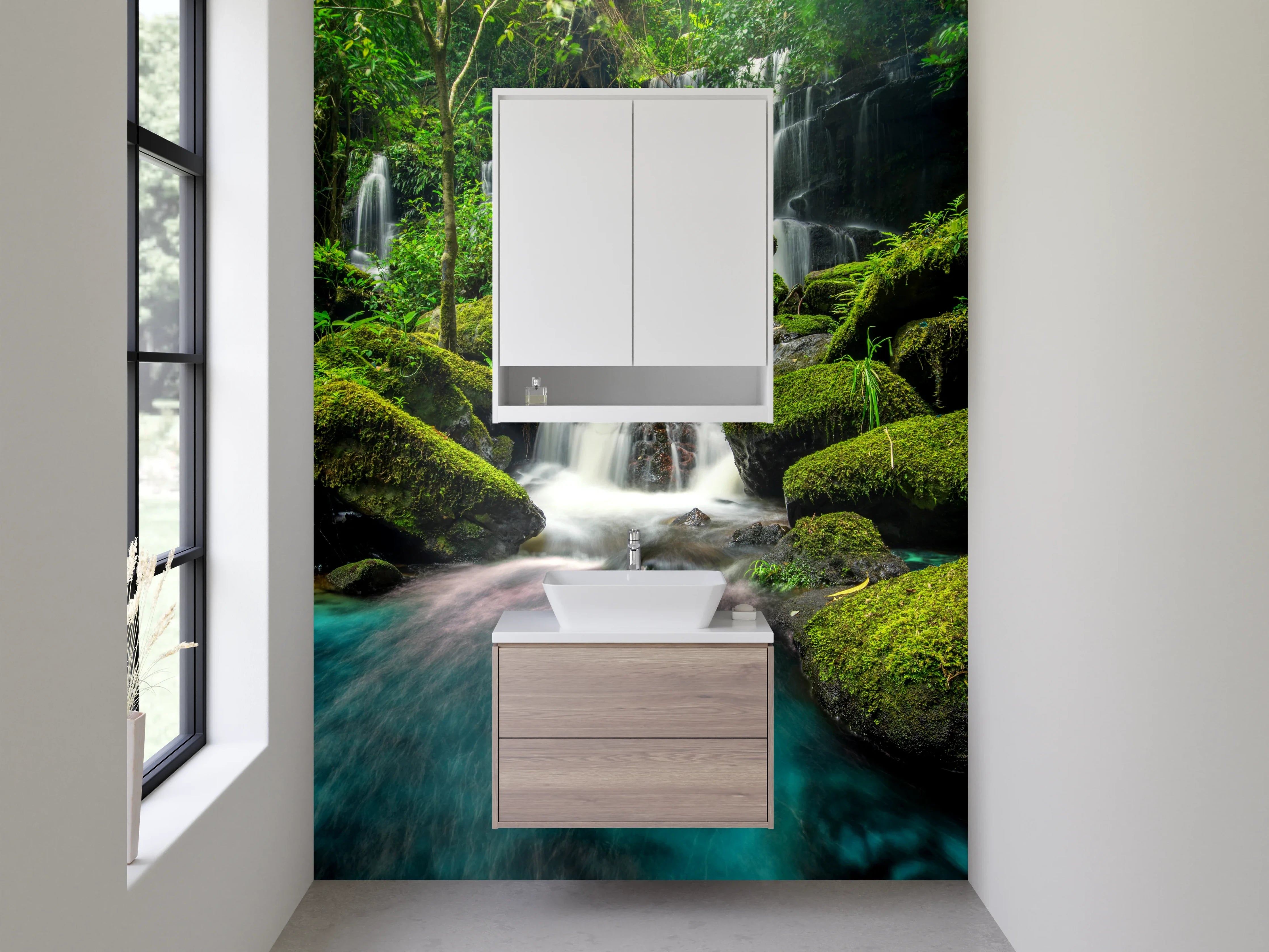 Waschbecken-Rückwand - Natur Wasserfall im Dschungel Blaugrün