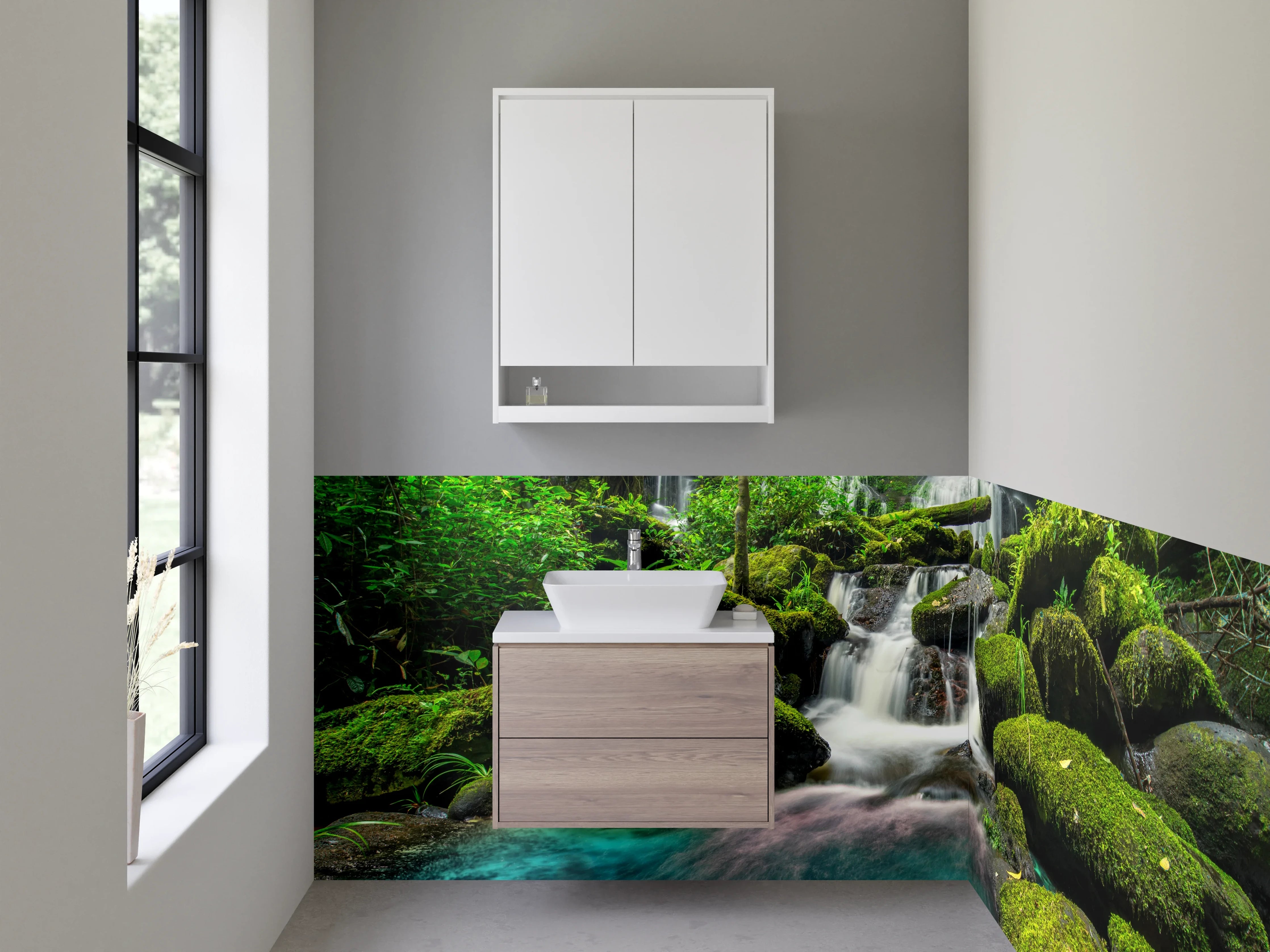 Waschbecken-Rückwand - Natur Wasserfall im Dschungel Blaugrün