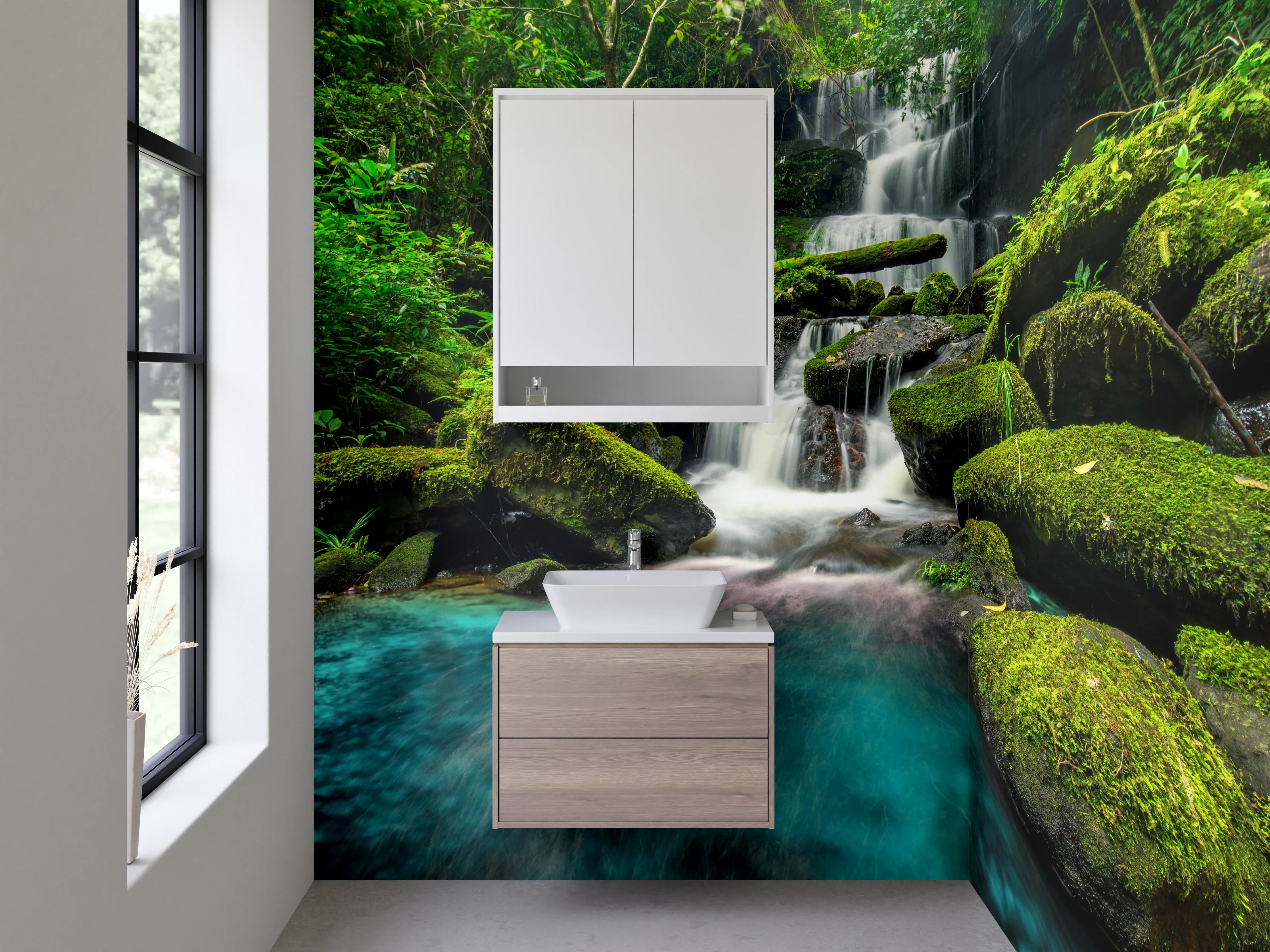 Waschbecken-Rückwand - Natur Wasserfall im Dschungel Blaugrün