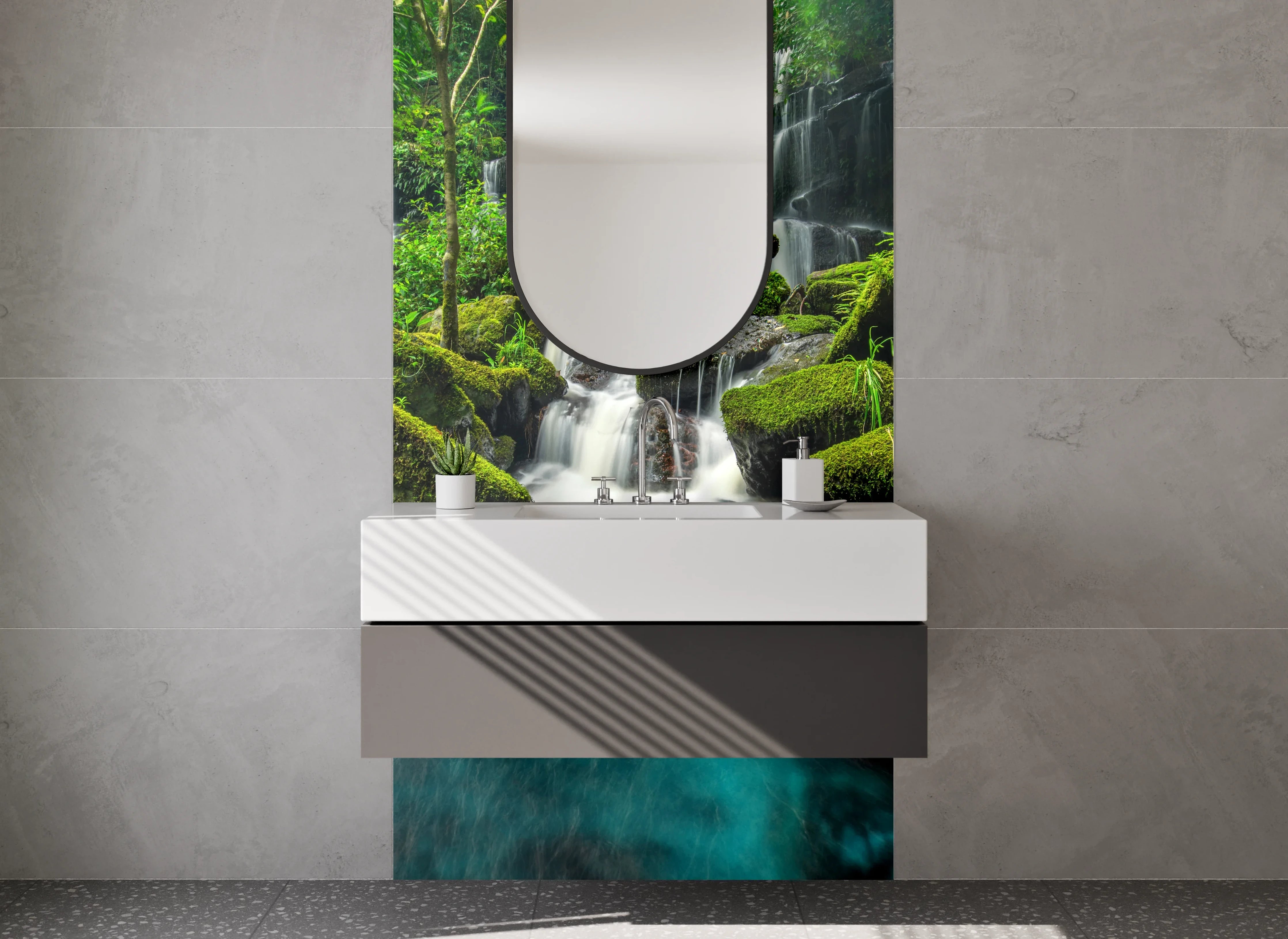 Waschbecken-Rückwand - Natur Wasserfall im Dschungel Blaugrün