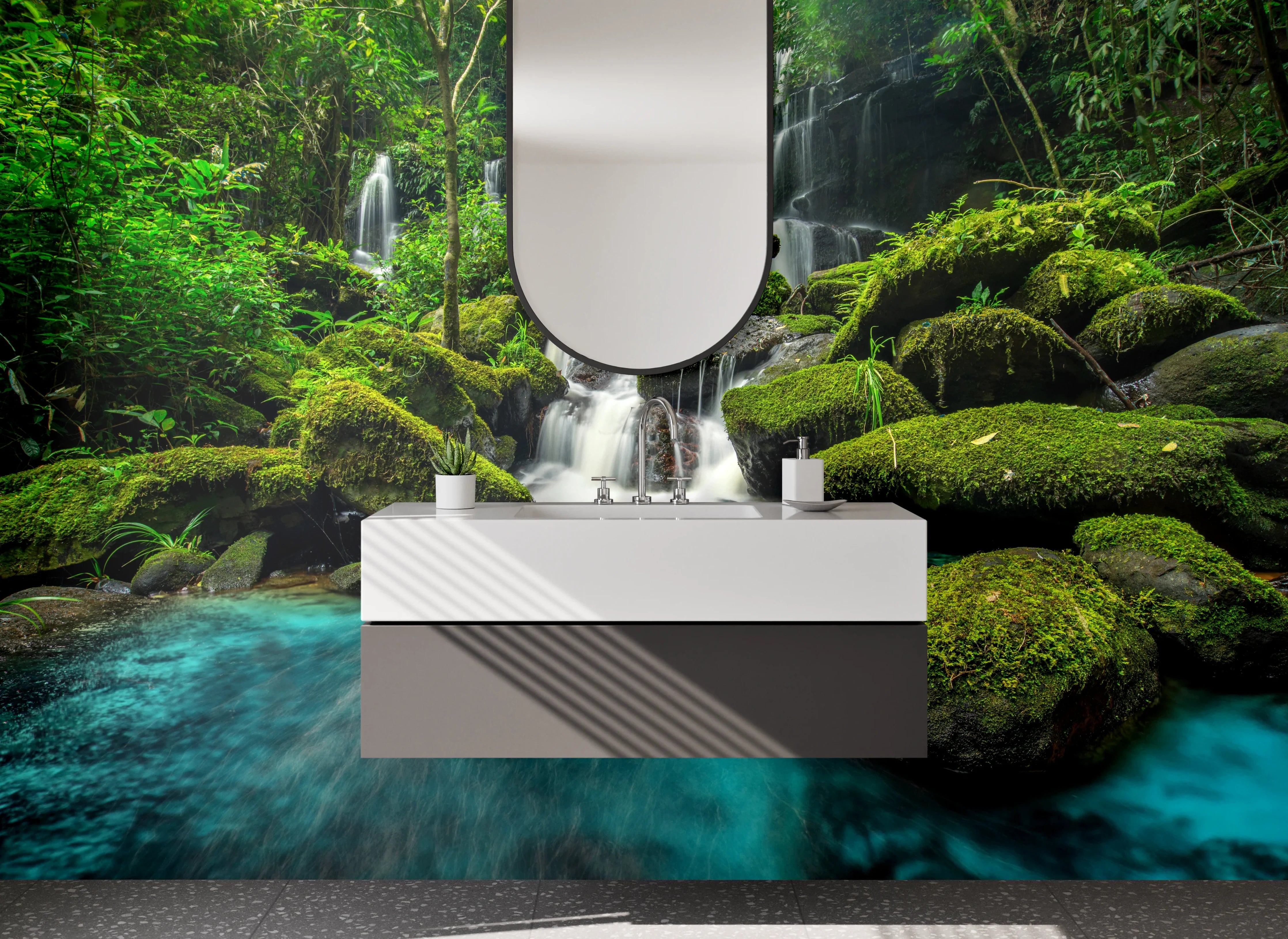 Waschbecken-Rückwand - Natur Wasserfall im Dschungel Blaugrün