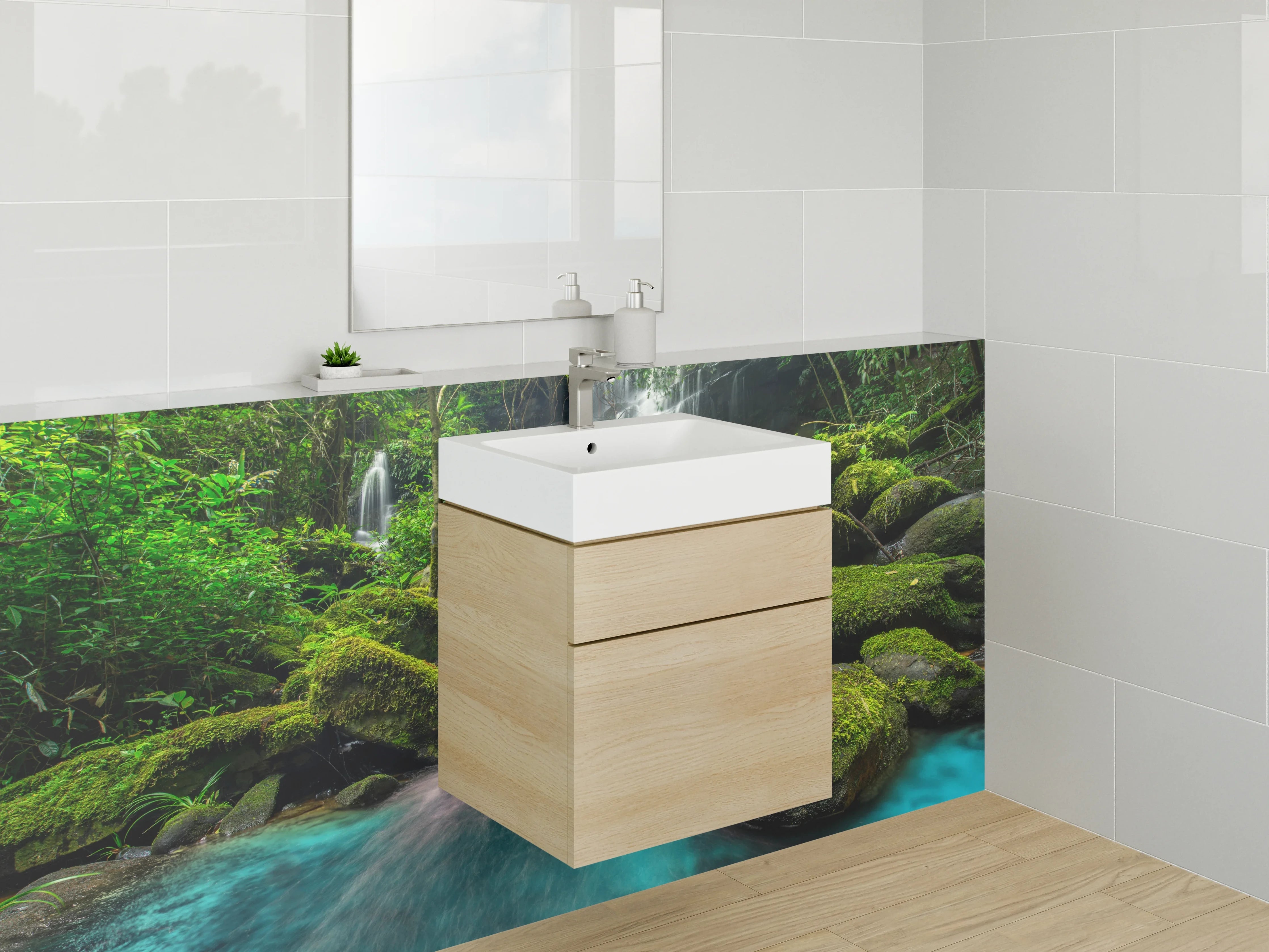 Waschbecken-Rückwand - Natur Wasserfall im Dschungel Blaugrün