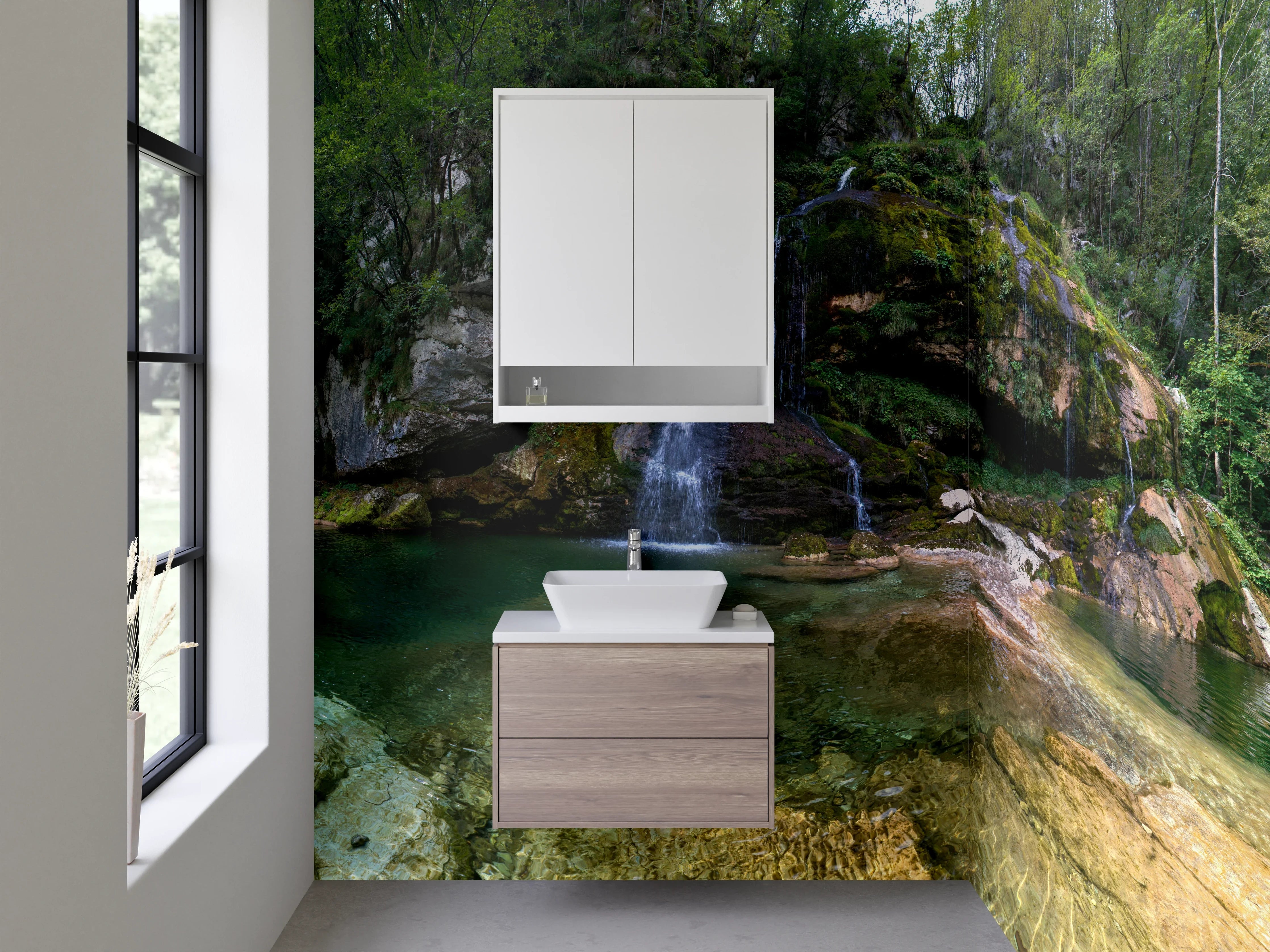 Waschbecken-Rückwand - Natur Wasserfall im Wald Panorama