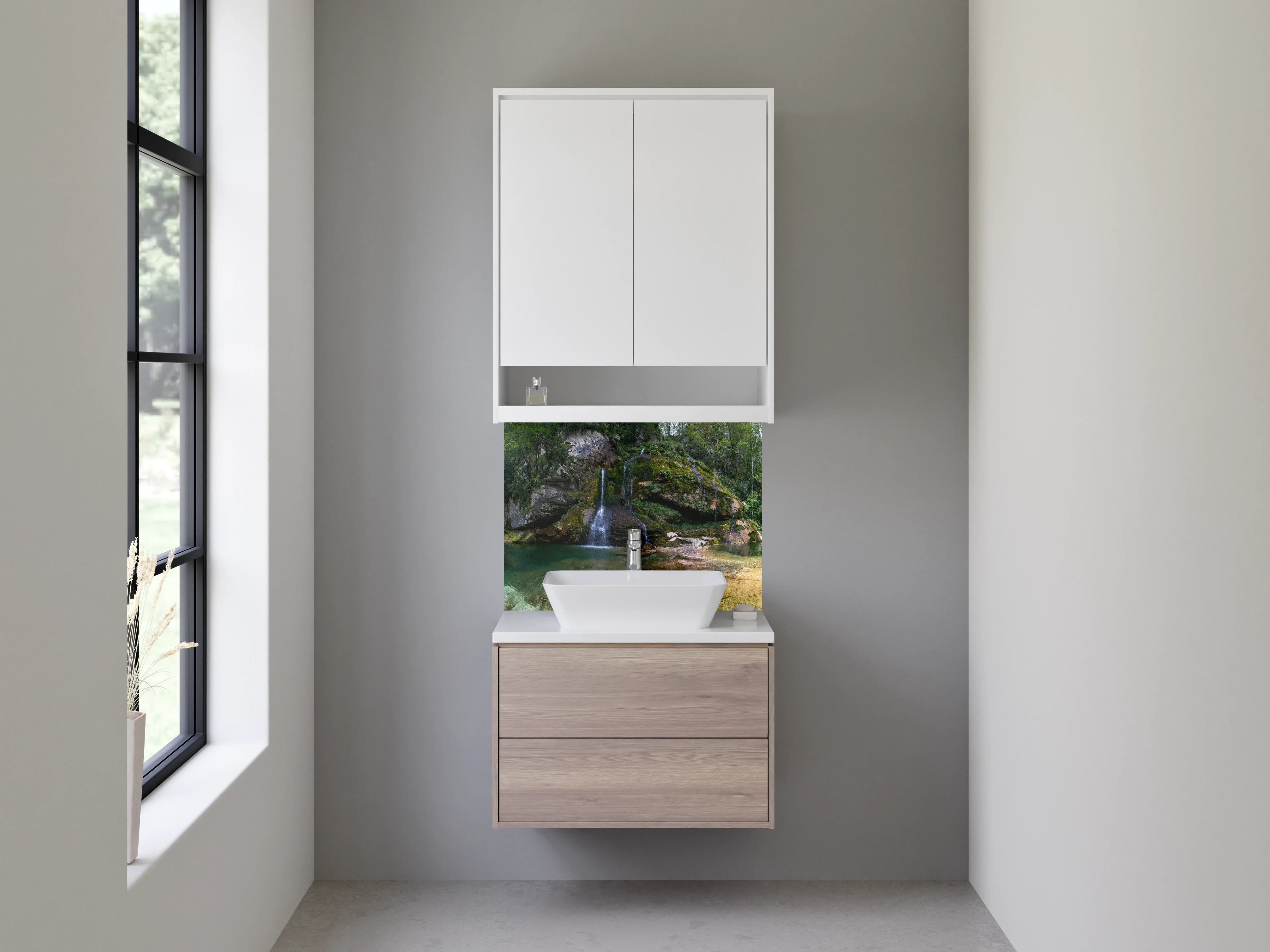 Waschbecken-Rückwand - Natur Wasserfall im Wald Panorama