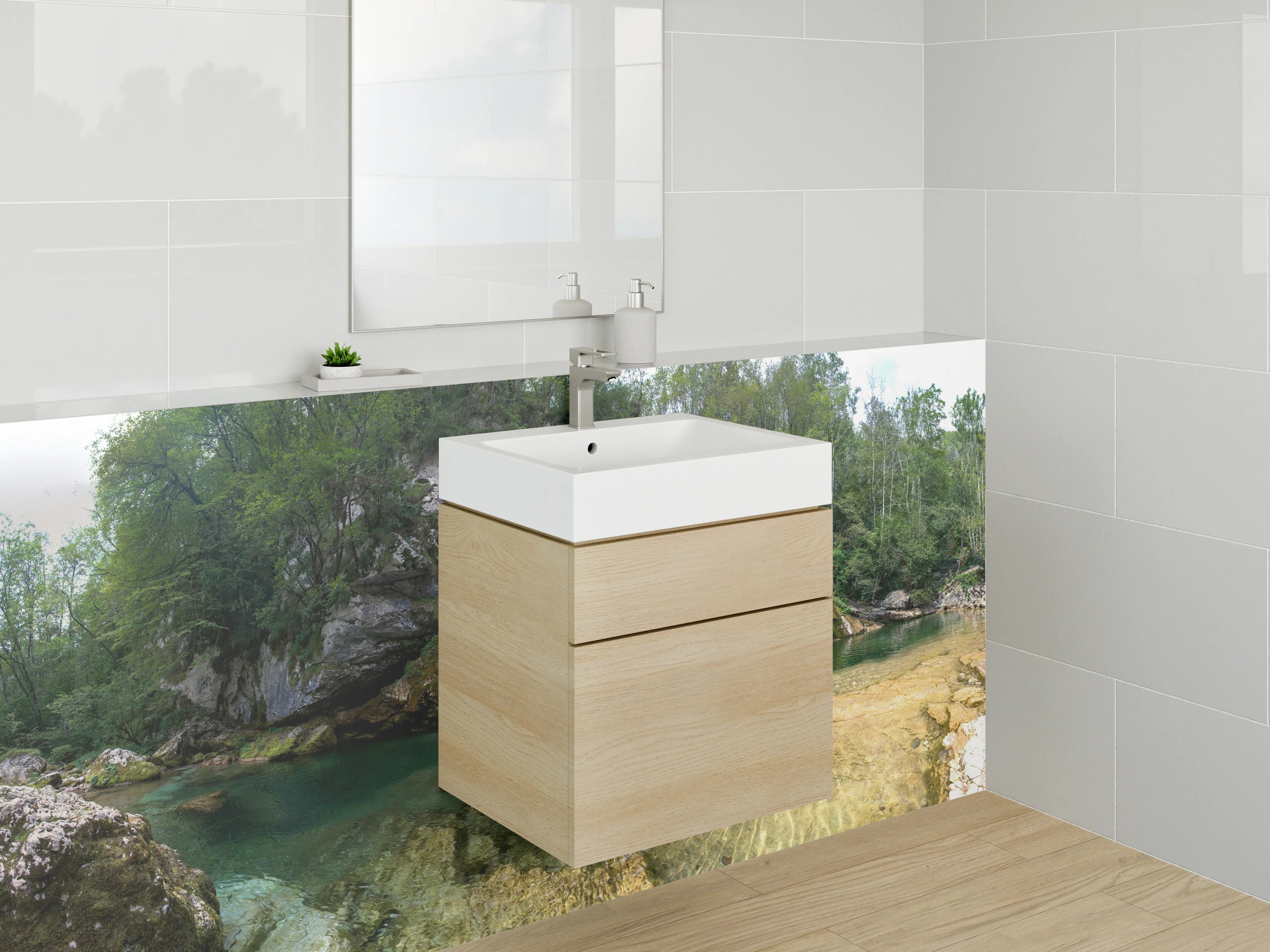 Waschbecken-Rückwand - Natur Wasserfall im Wald Panorama