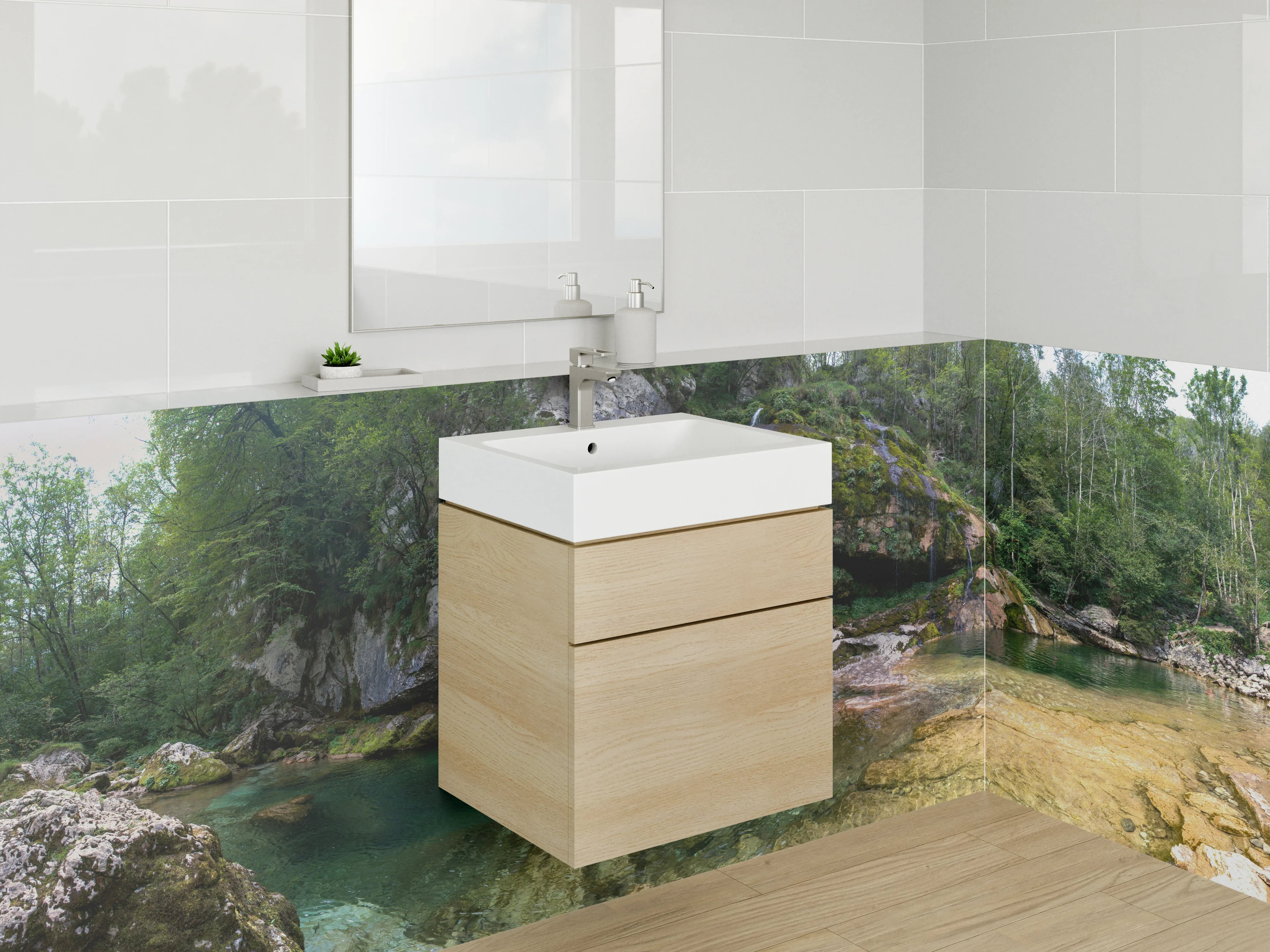 Waschbecken-Rückwand - Natur Wasserfall im Wald Panorama