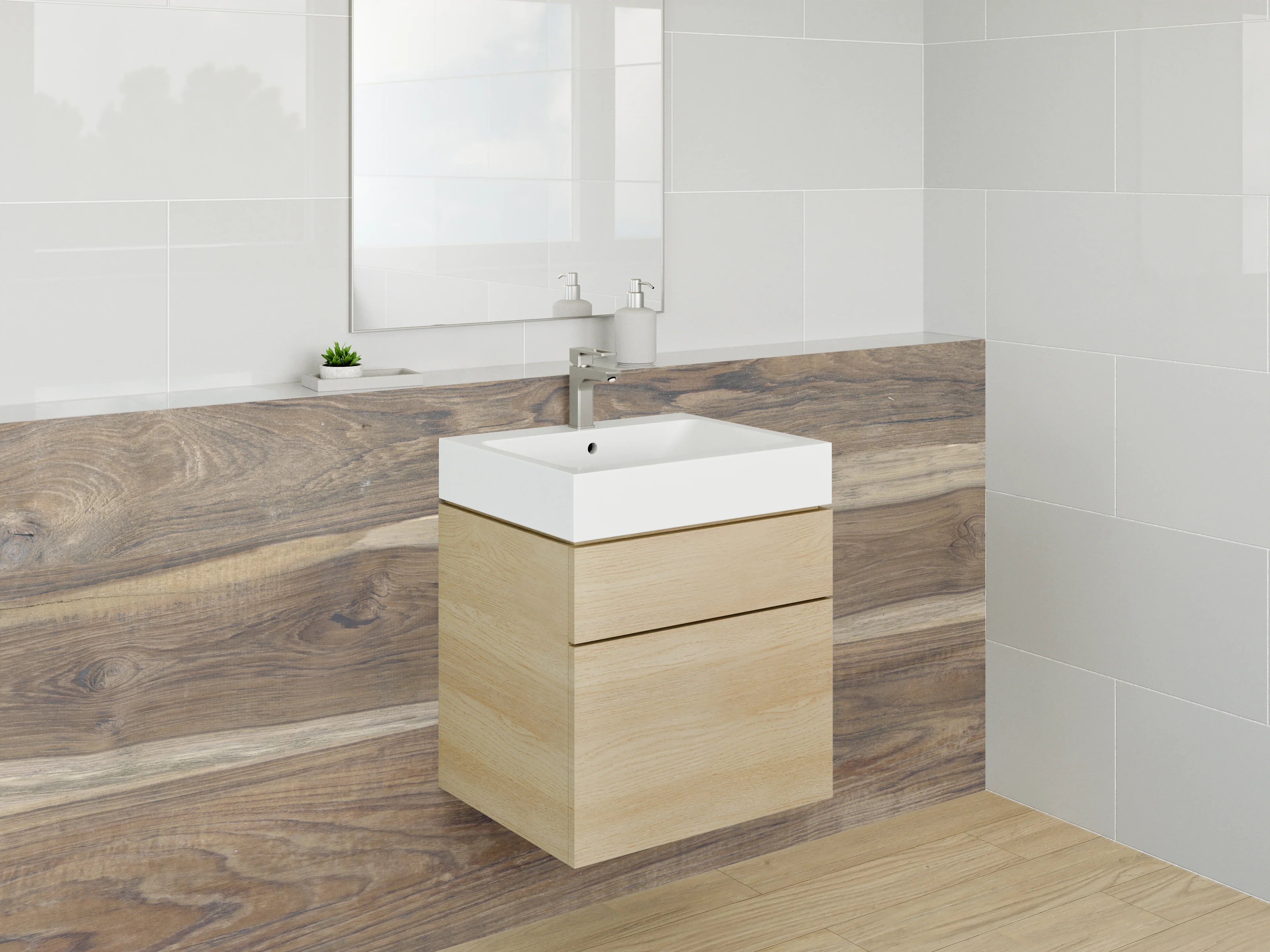 Waschbecken-Rückwand - Naturbelassene Holzmaserung in warmen Brauntönen