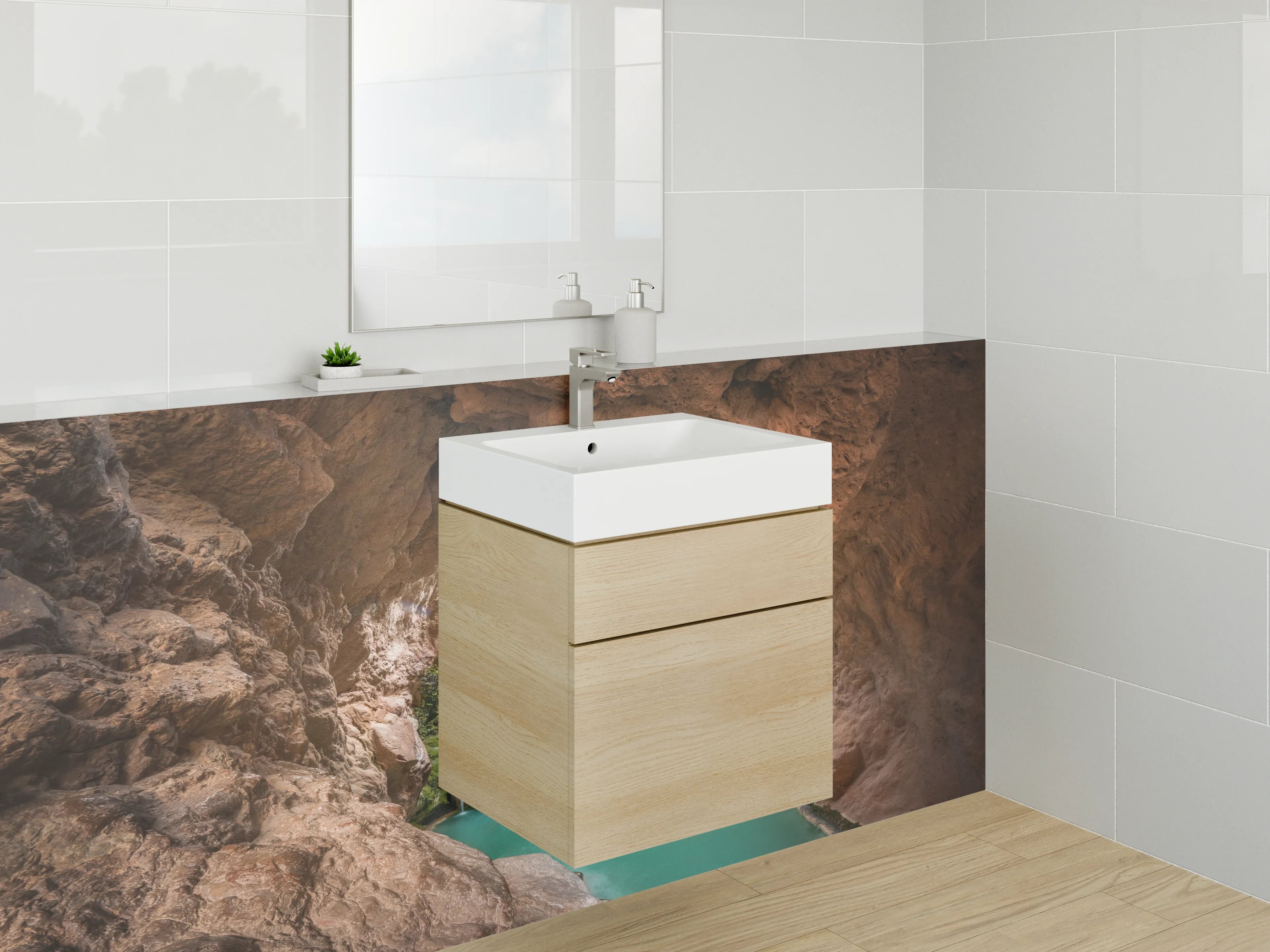 Waschbecken-Rückwand - Naturhöhle mit Wasserfall und türkisfarbenem Wasser