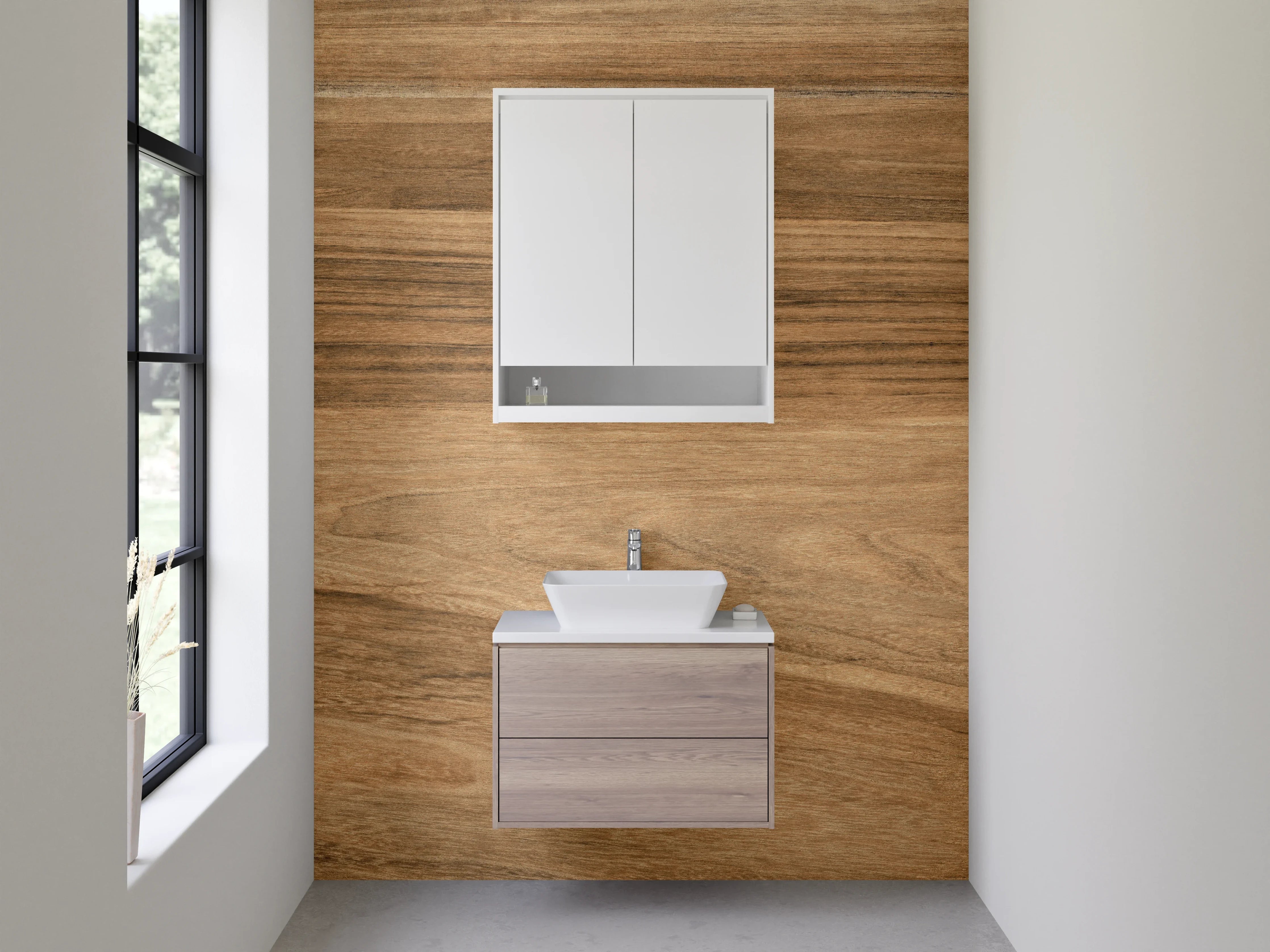 Waschbecken-Rückwand - Naturholzoptik in warmem Braun