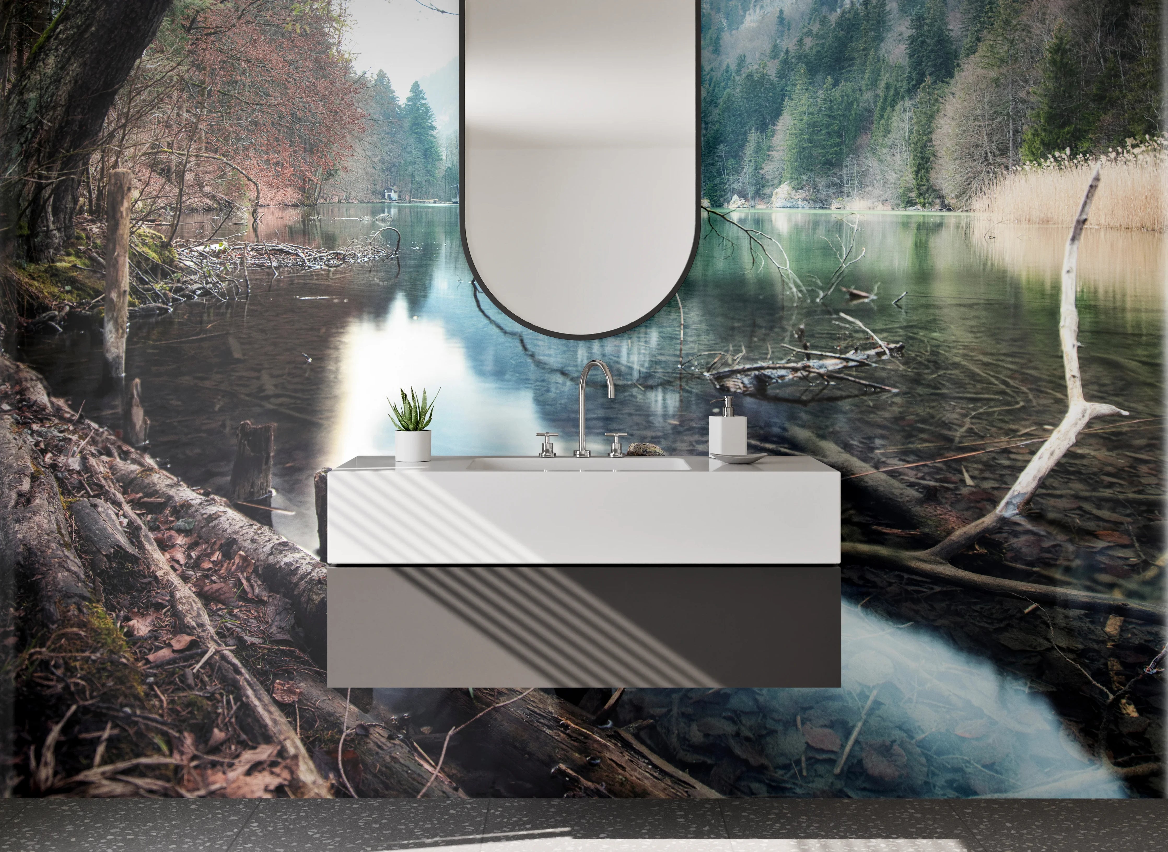 Waschbecken-Rückwand - Naturidyll im Seengebiet