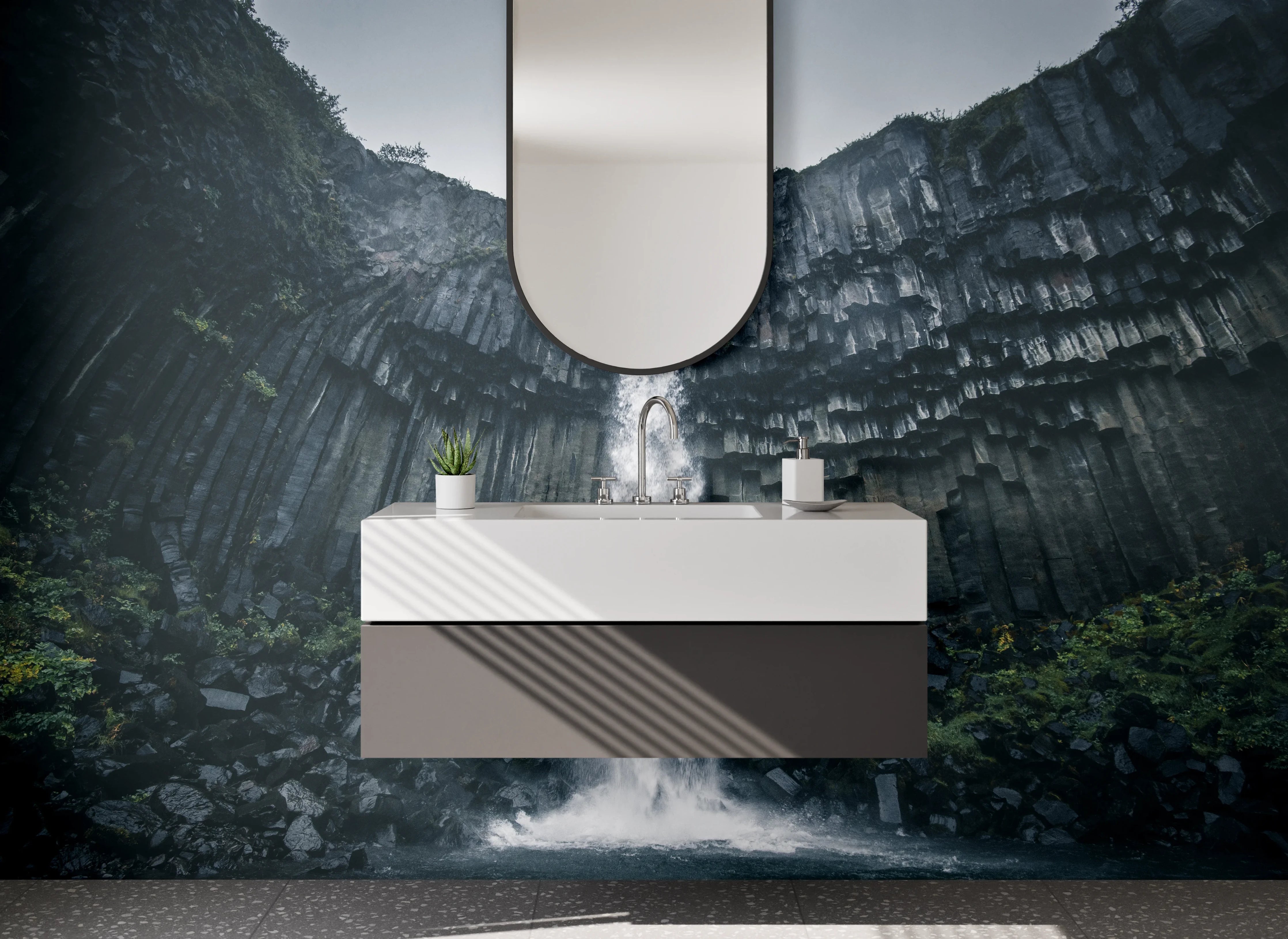 Waschbecken-Rückwand - Naturkraft Wasserfall Basaltfelsen
