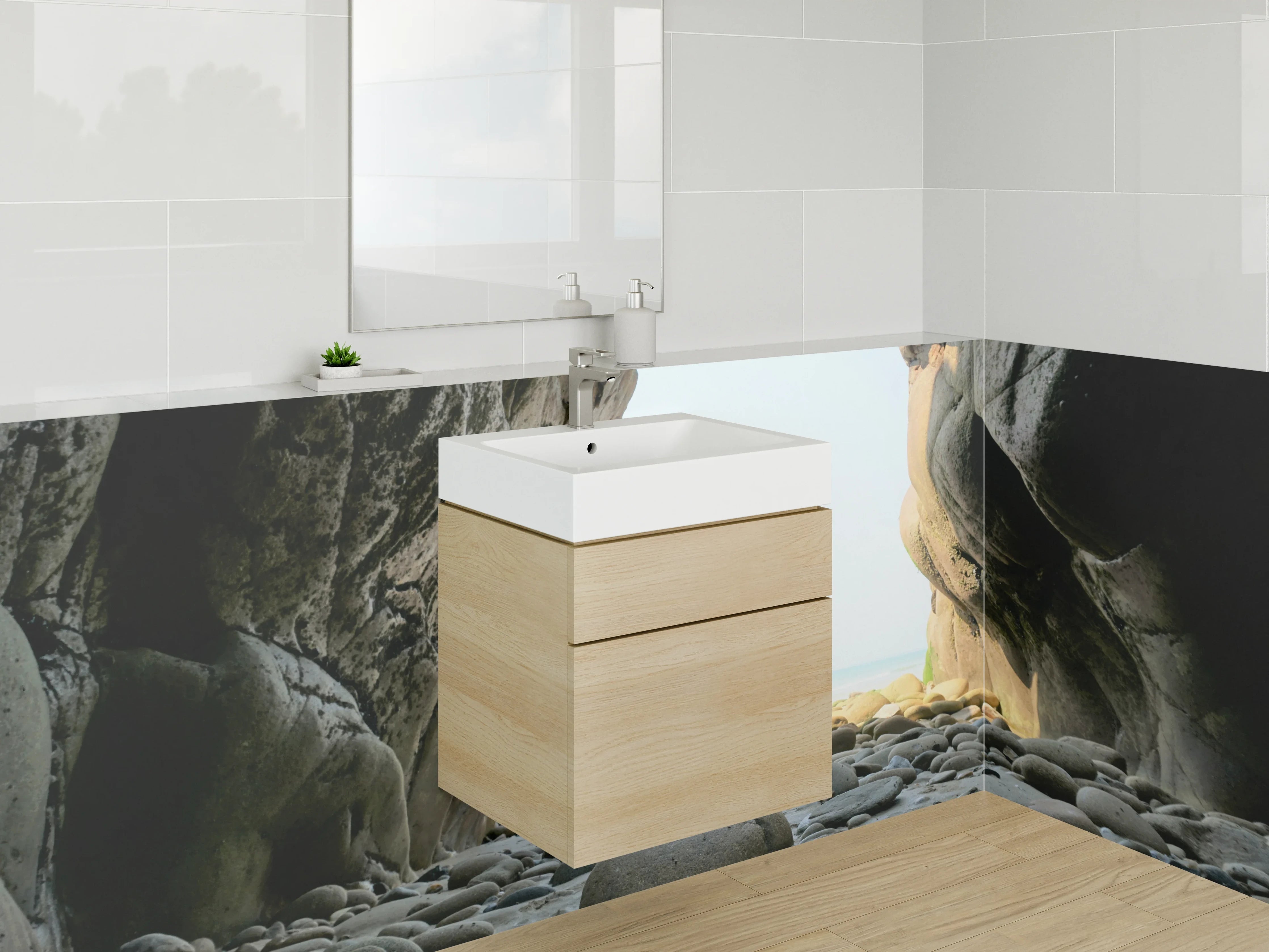 Waschbecken-Rückwand - Naturstein-Felsen mit Kieselsteinen