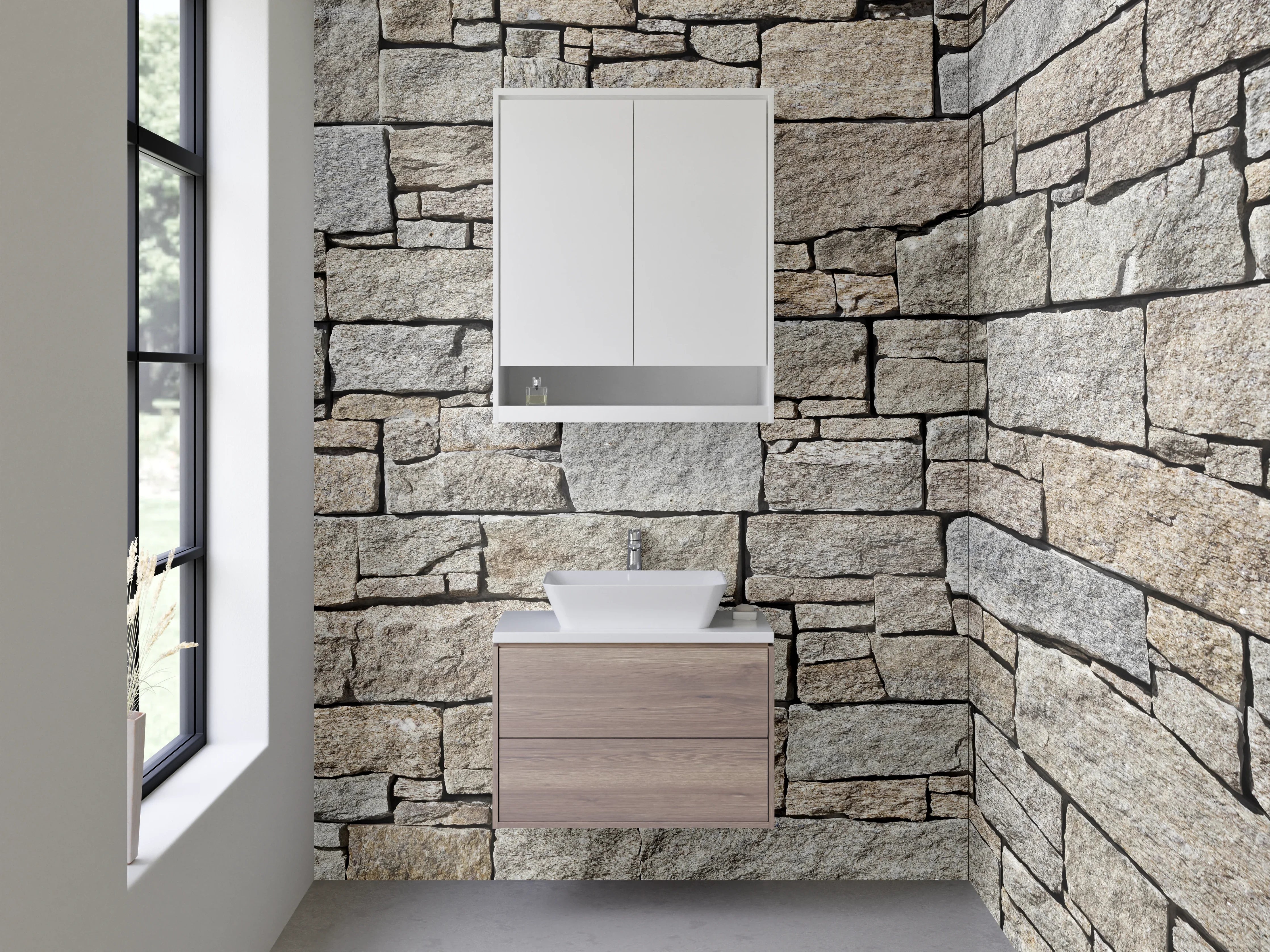 Waschbecken-Rückwand - Naturstein Maueroptik Beige Grau