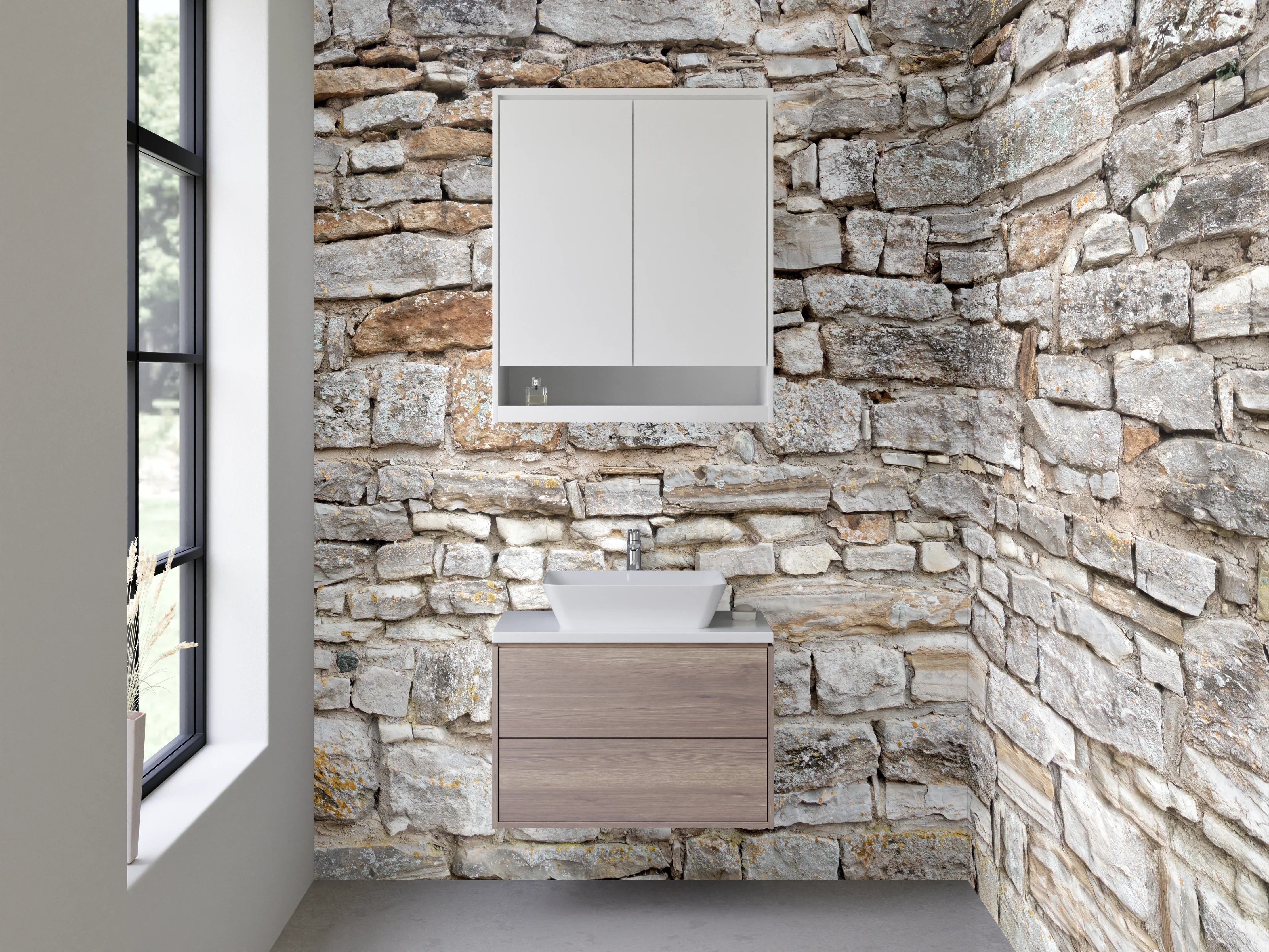 Waschbecken-Rückwand - Naturstein-Optik Mauer hellgrau weiß