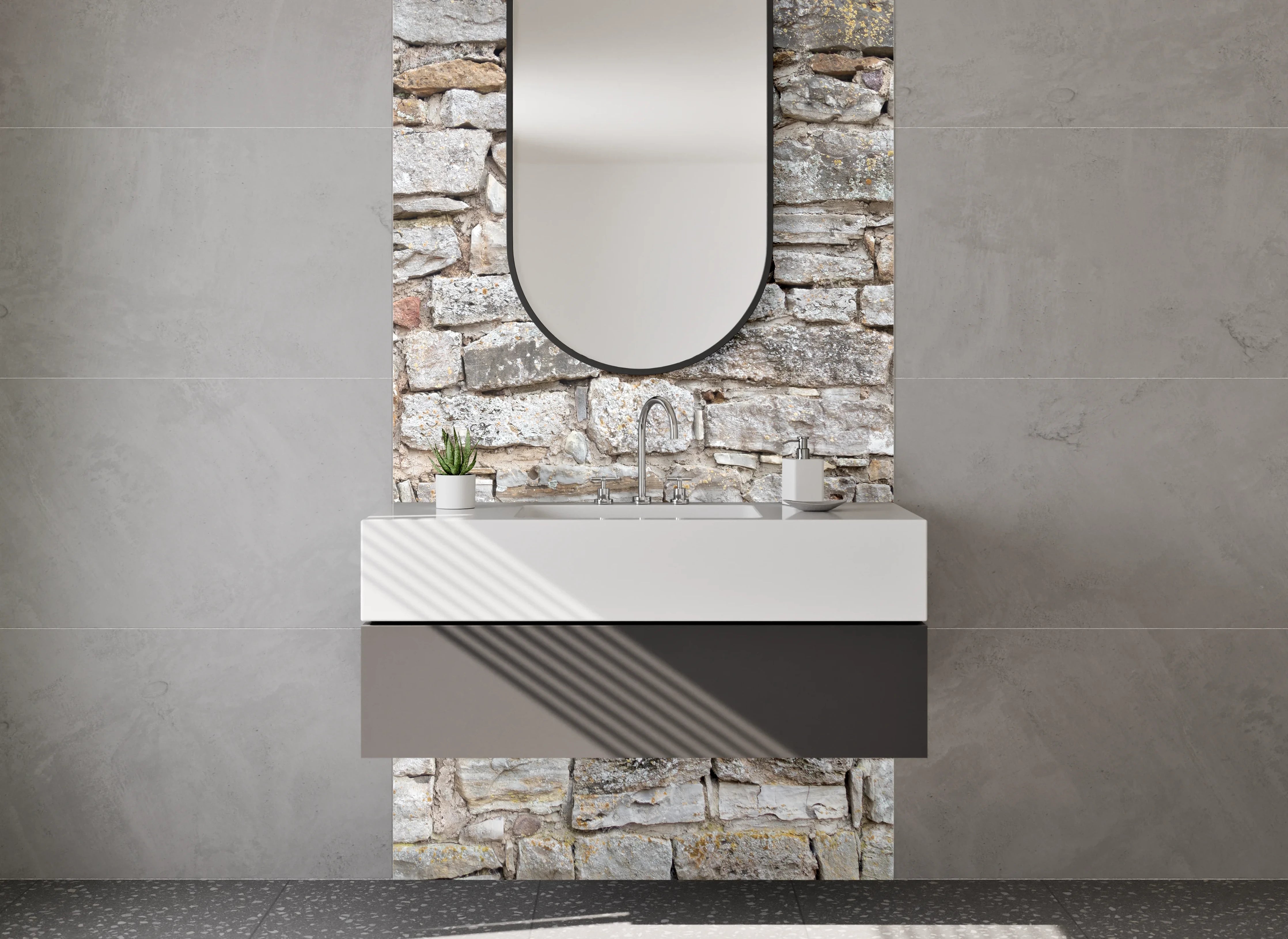 Waschbecken-Rückwand - Naturstein-Optik Mauer hellgrau weiß