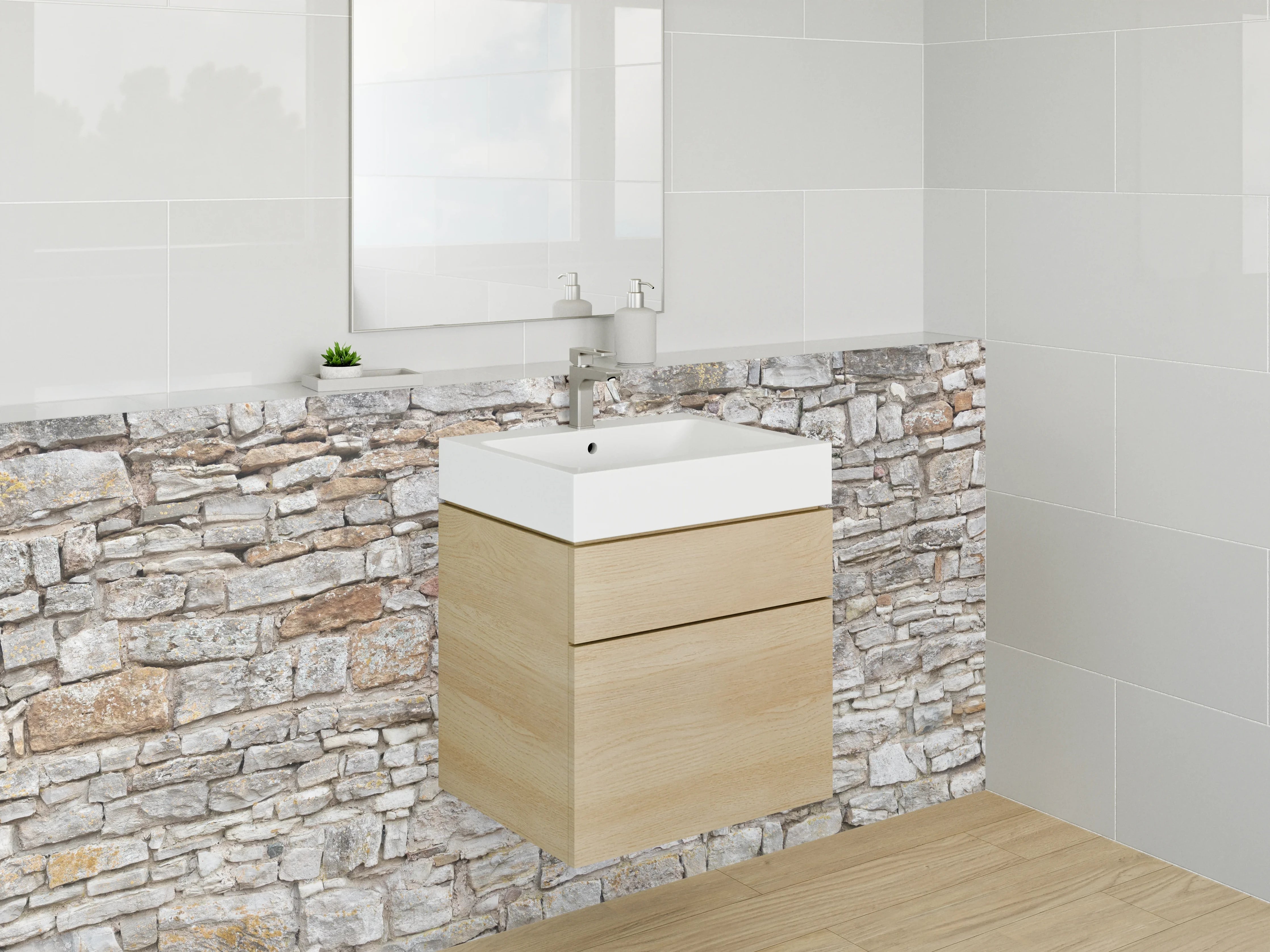 Waschbecken-Rückwand - Naturstein-Optik Mauer hellgrau weiß