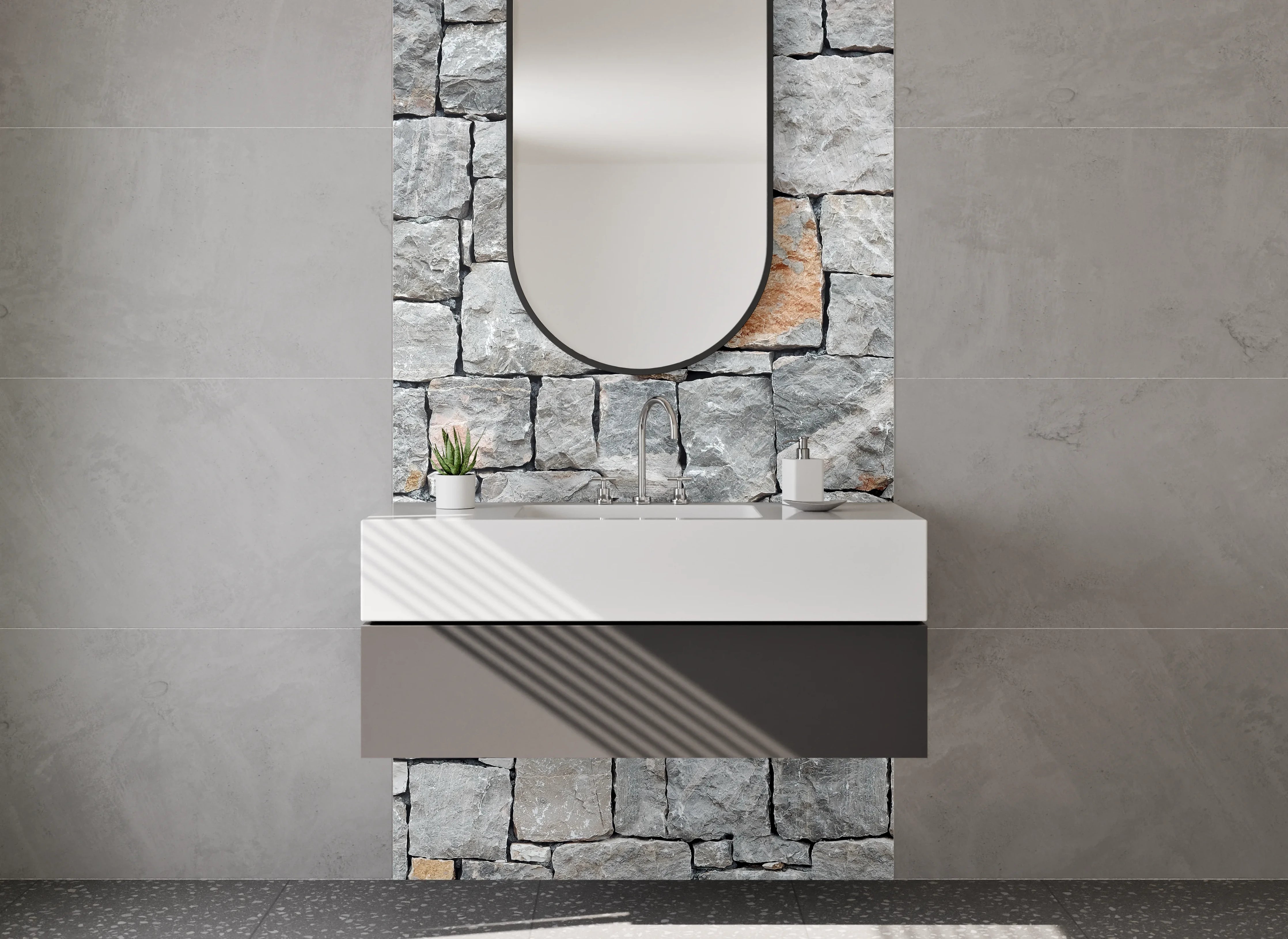 Waschbecken-Rückwand - Naturstein-Optik Steinmauer Grau