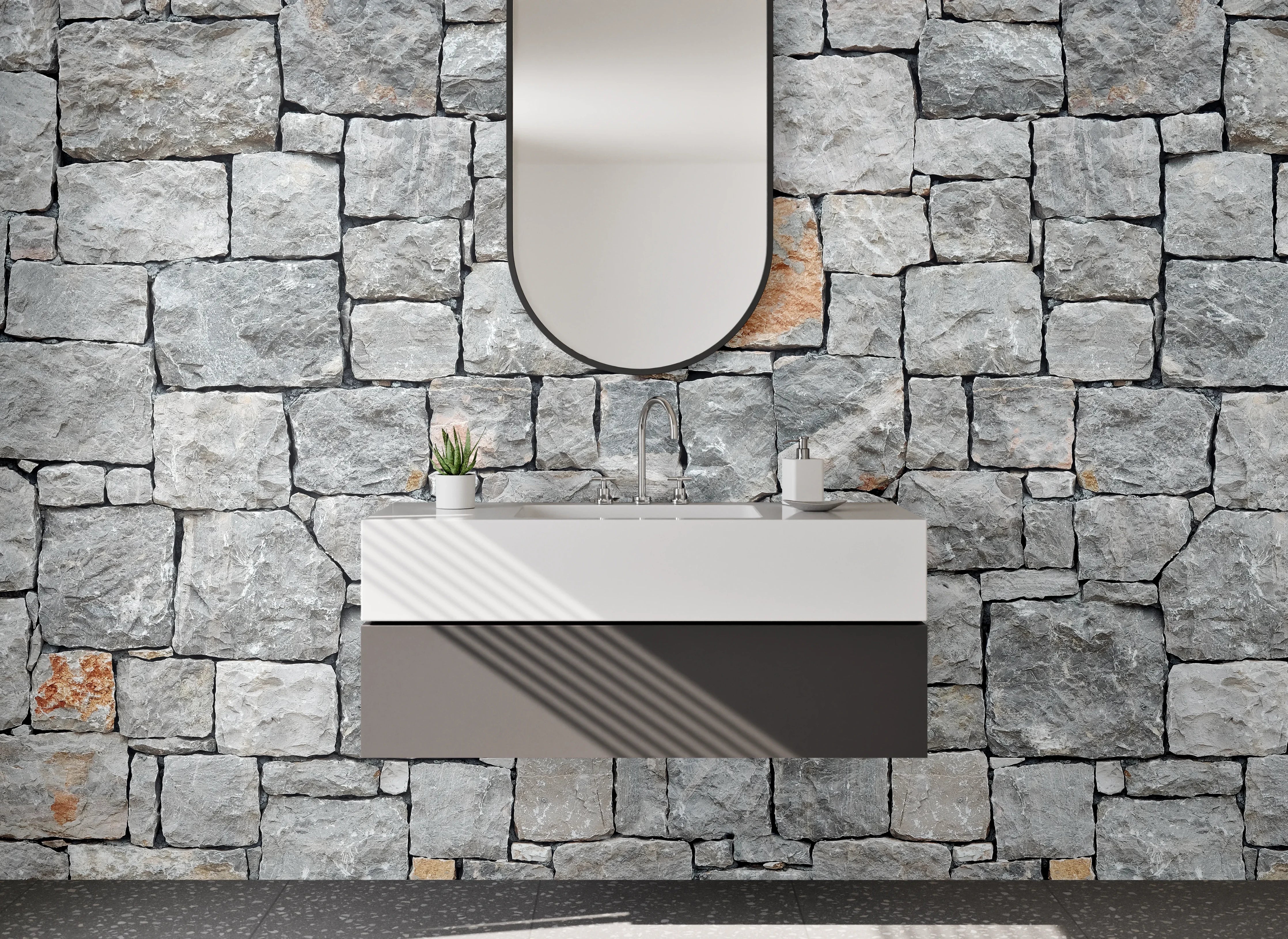 Waschbecken-Rückwand - Naturstein-Optik Steinmauer Grau