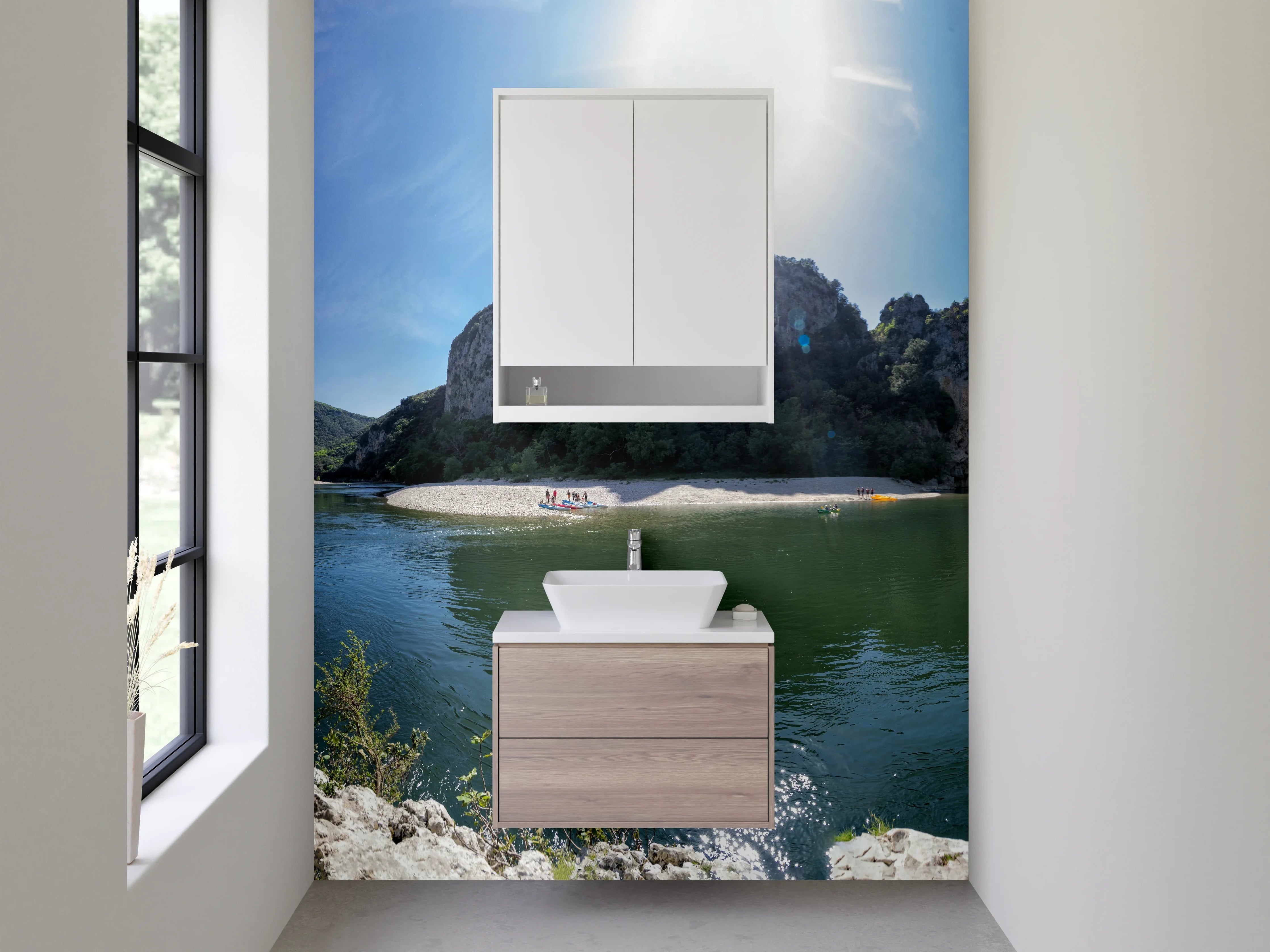 Waschbecken-Rückwand - Natursteinbrücke am Fluss Panorama