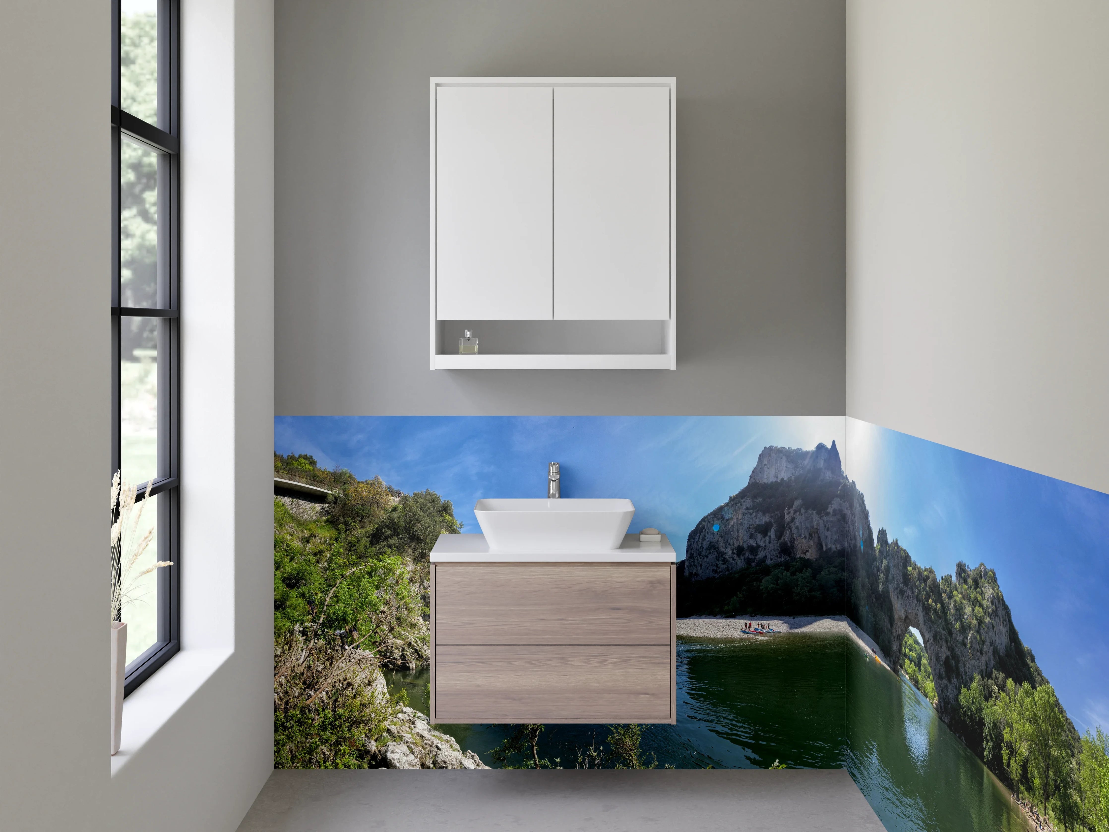 Waschbecken-Rückwand - Natursteinbrücke am Fluss Panorama