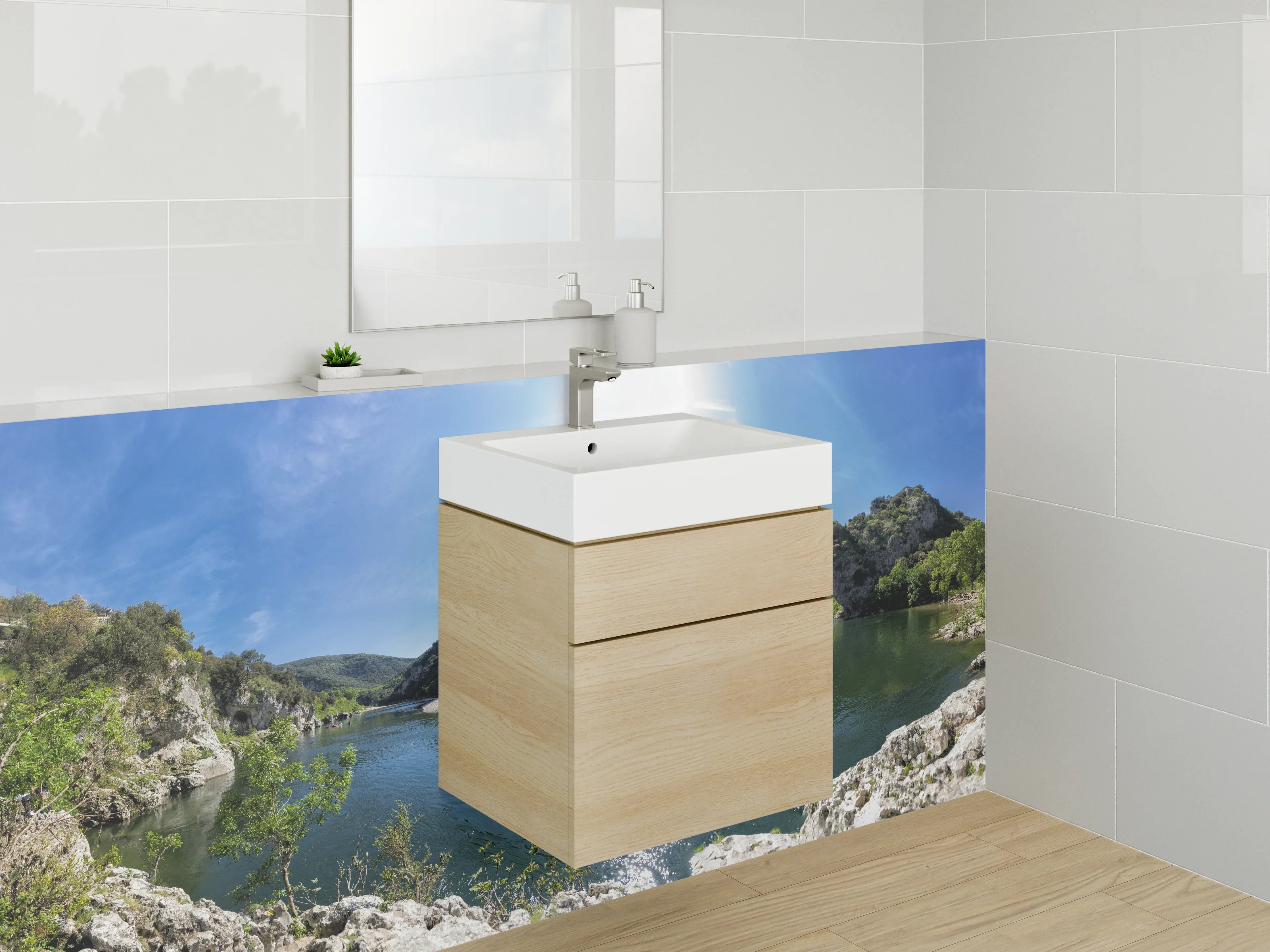 Waschbecken-Rückwand - Natursteinbrücke am Fluss Panorama