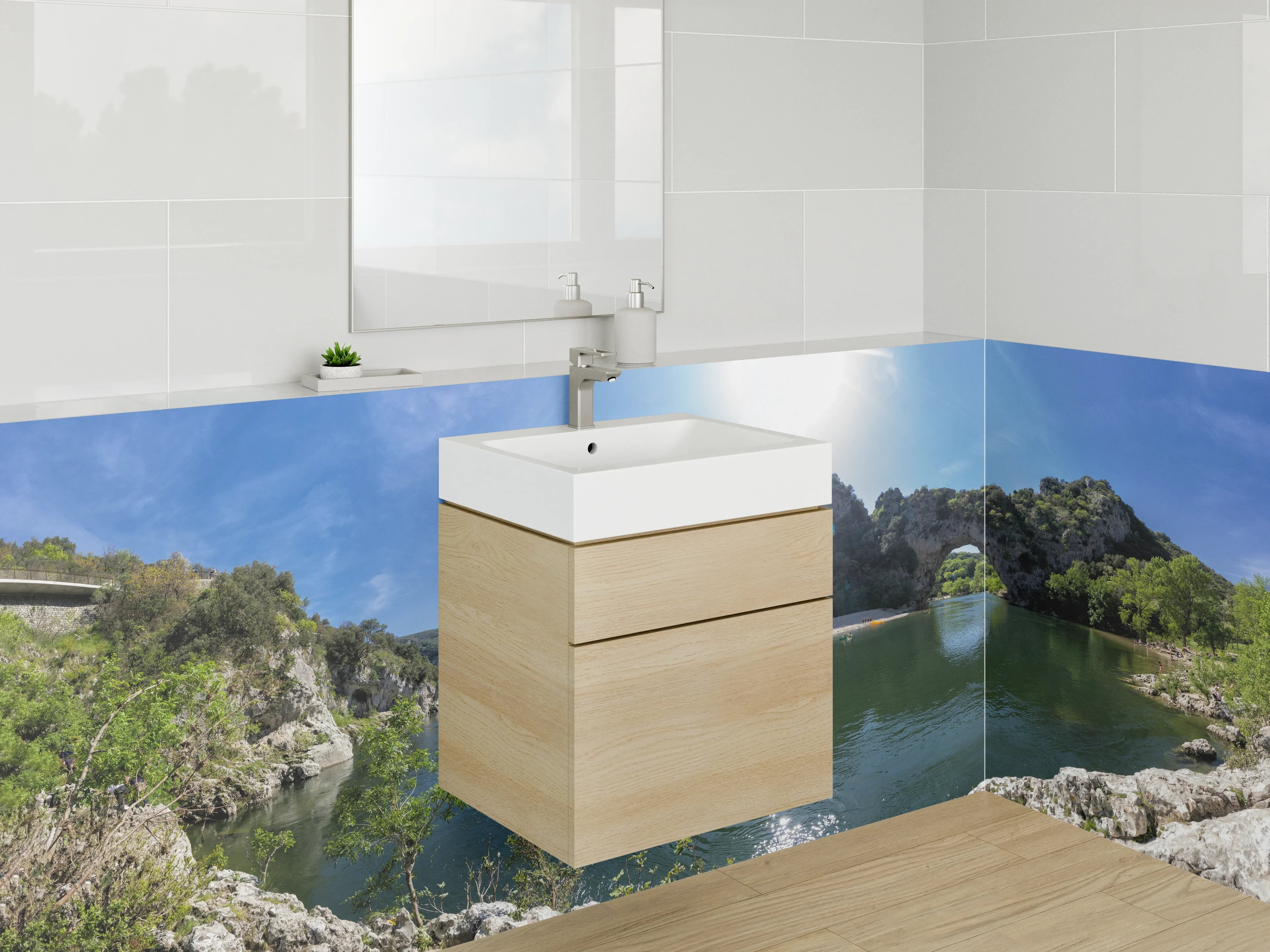 Waschbecken-Rückwand - Natursteinbrücke am Fluss Panorama