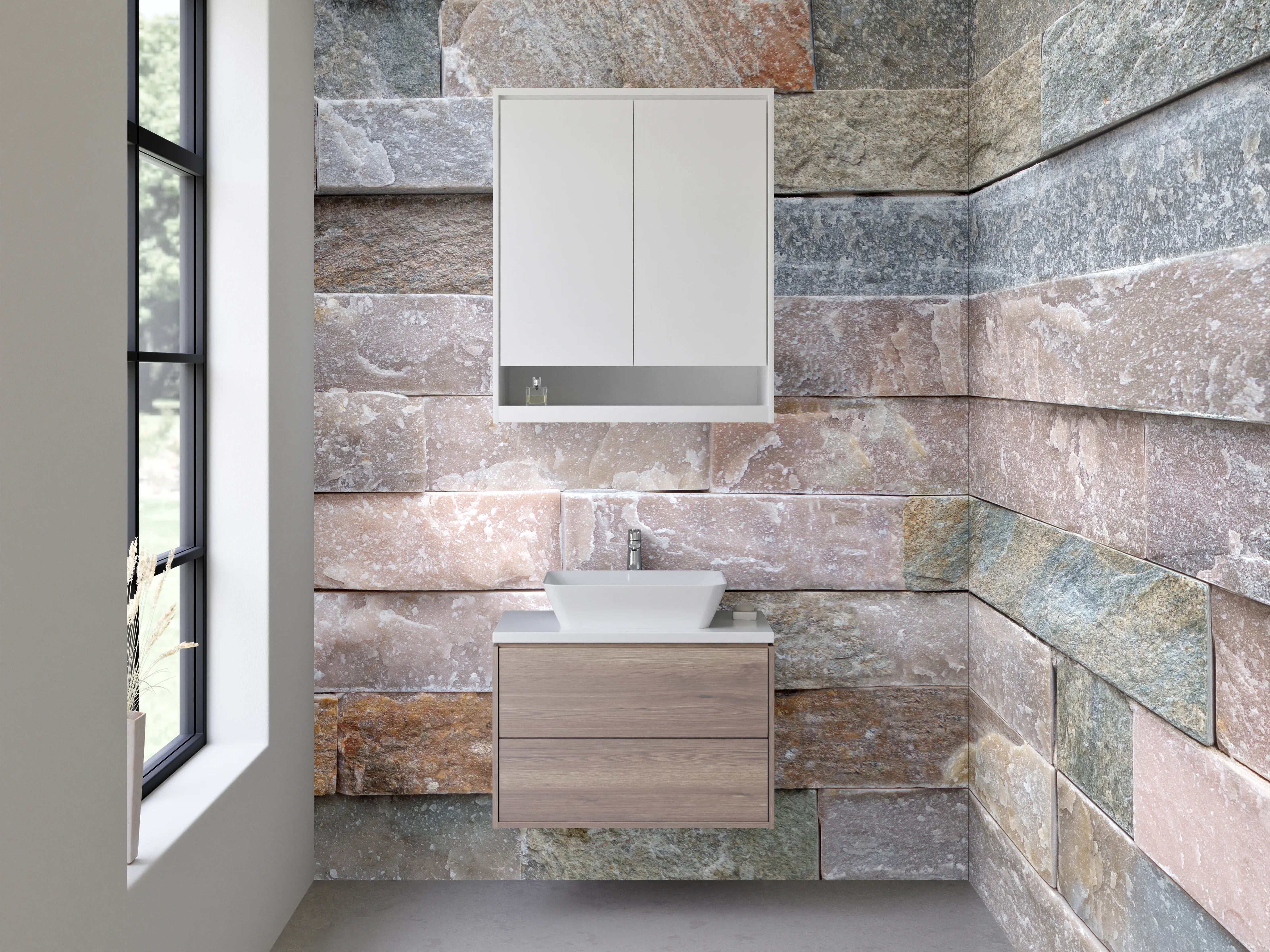 Waschbecken-Rückwand - Natursteinmauer Fliesenoptik Beige Grau