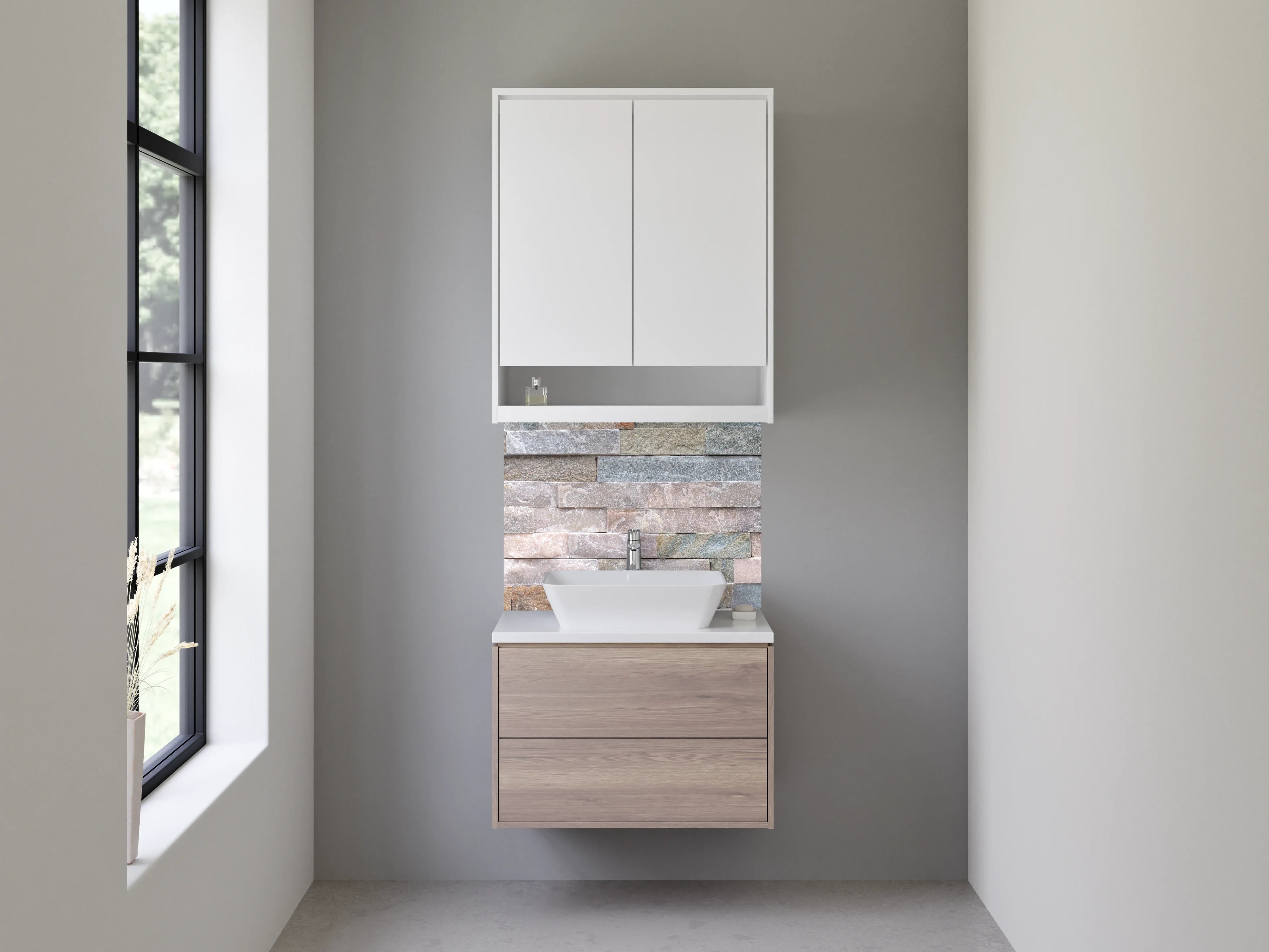 Waschbecken-Rückwand - Natursteinmauer Fliesenoptik Beige Grau