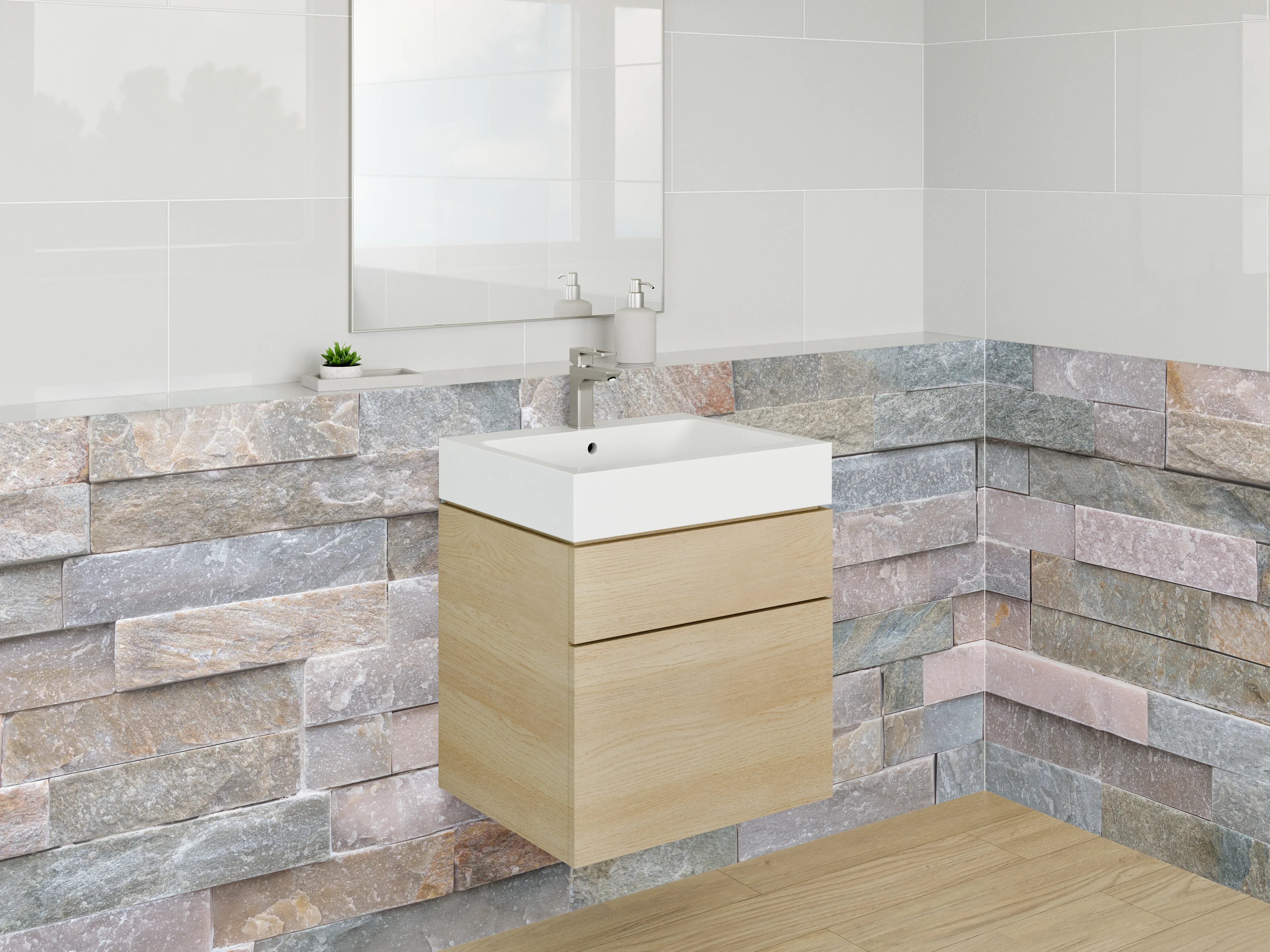 Waschbecken-Rückwand - Natursteinmauer Fliesenoptik Beige Grau