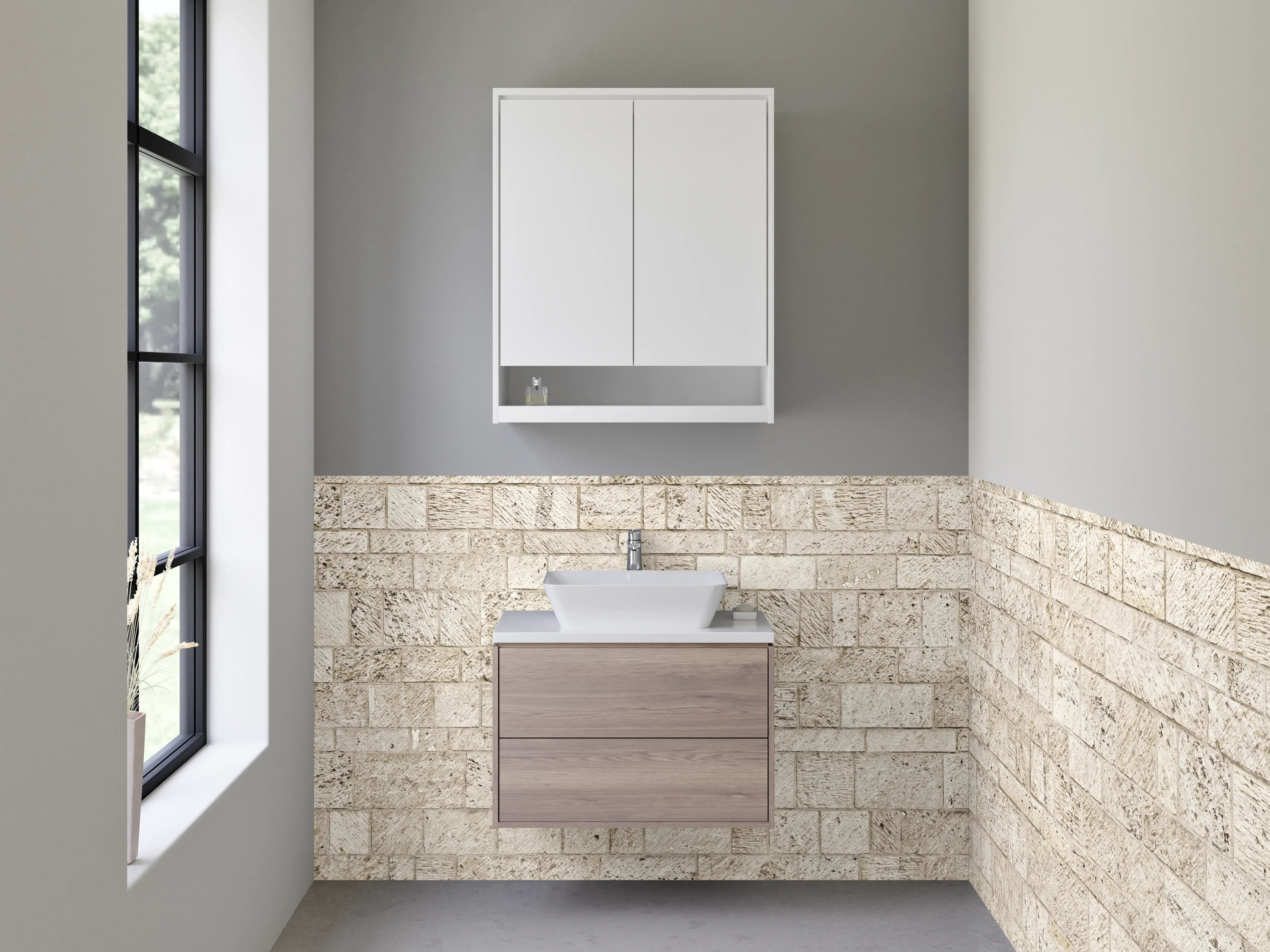 Waschbecken-Rückwand - Natursteinmauer in Beige-Tönen