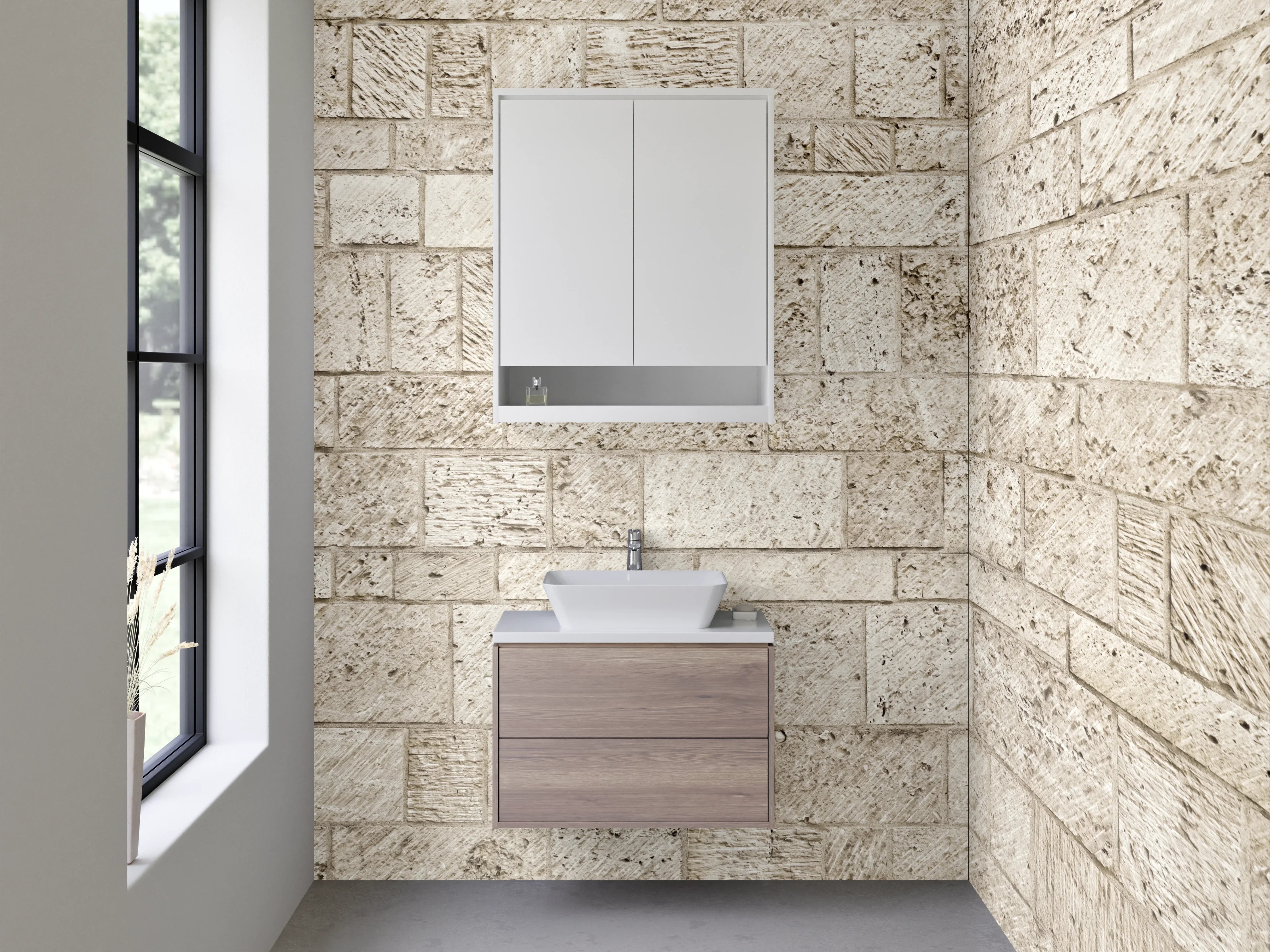 Waschbecken-Rückwand - Natursteinmauer in Beige-Tönen