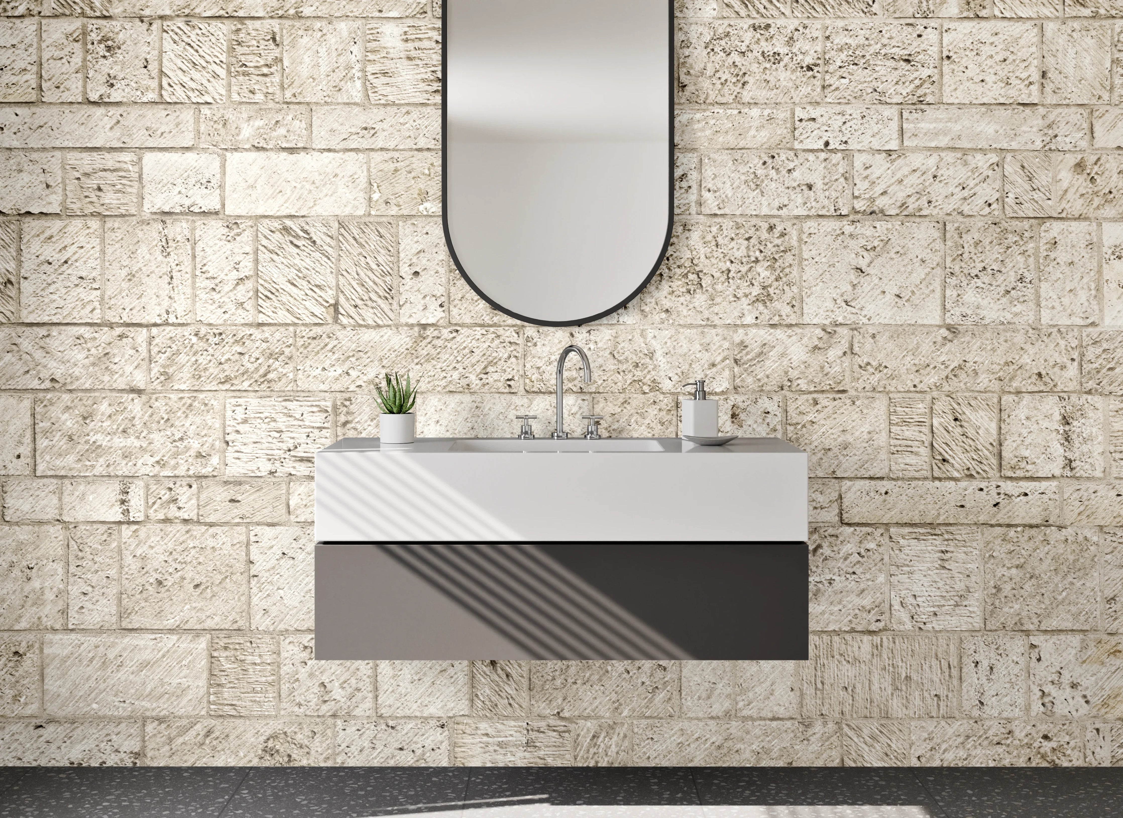 Waschbecken-Rückwand - Natursteinmauer in Beige-Tönen