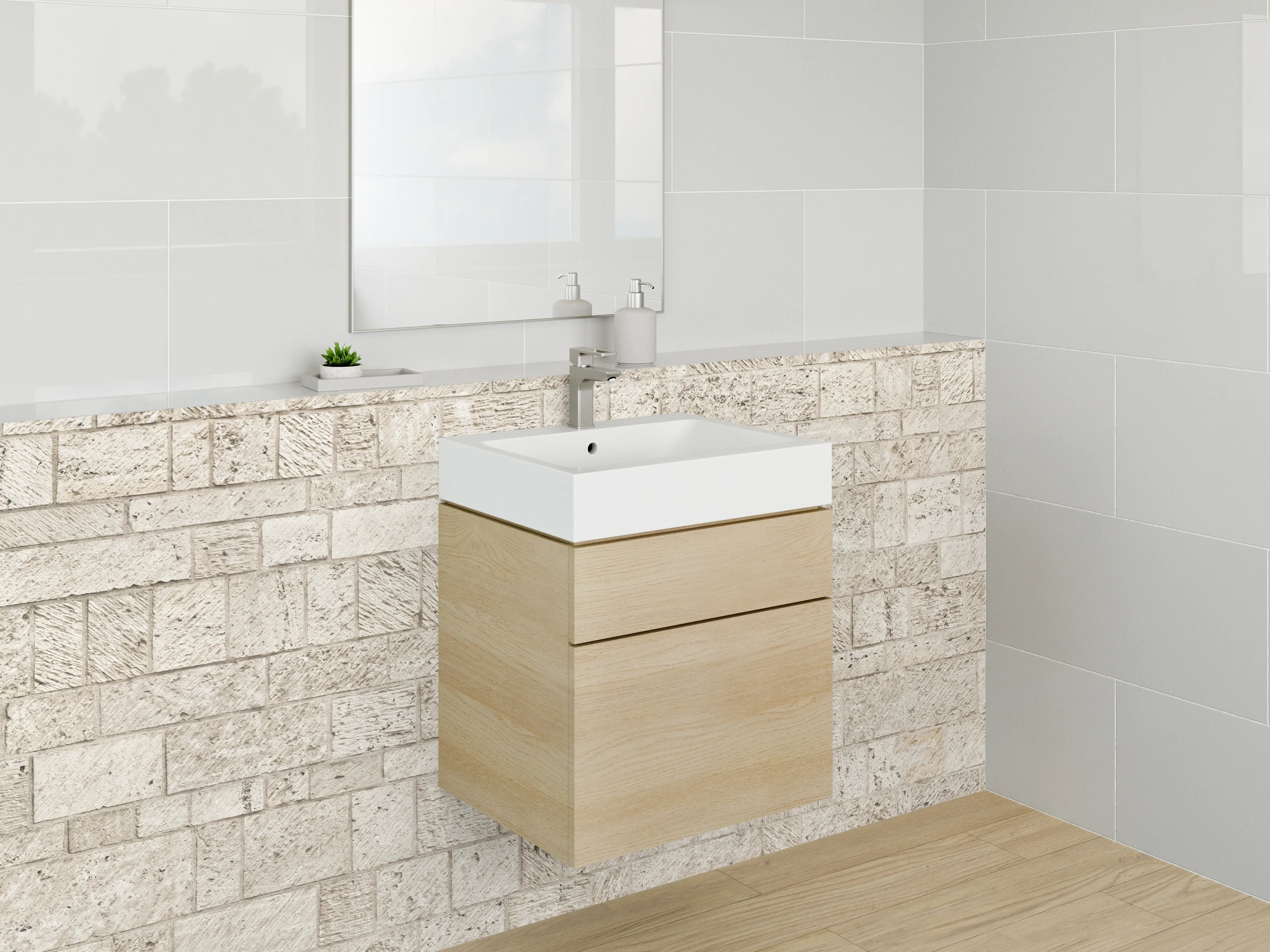 Waschbecken-Rückwand - Natursteinmauer in Beige-Tönen