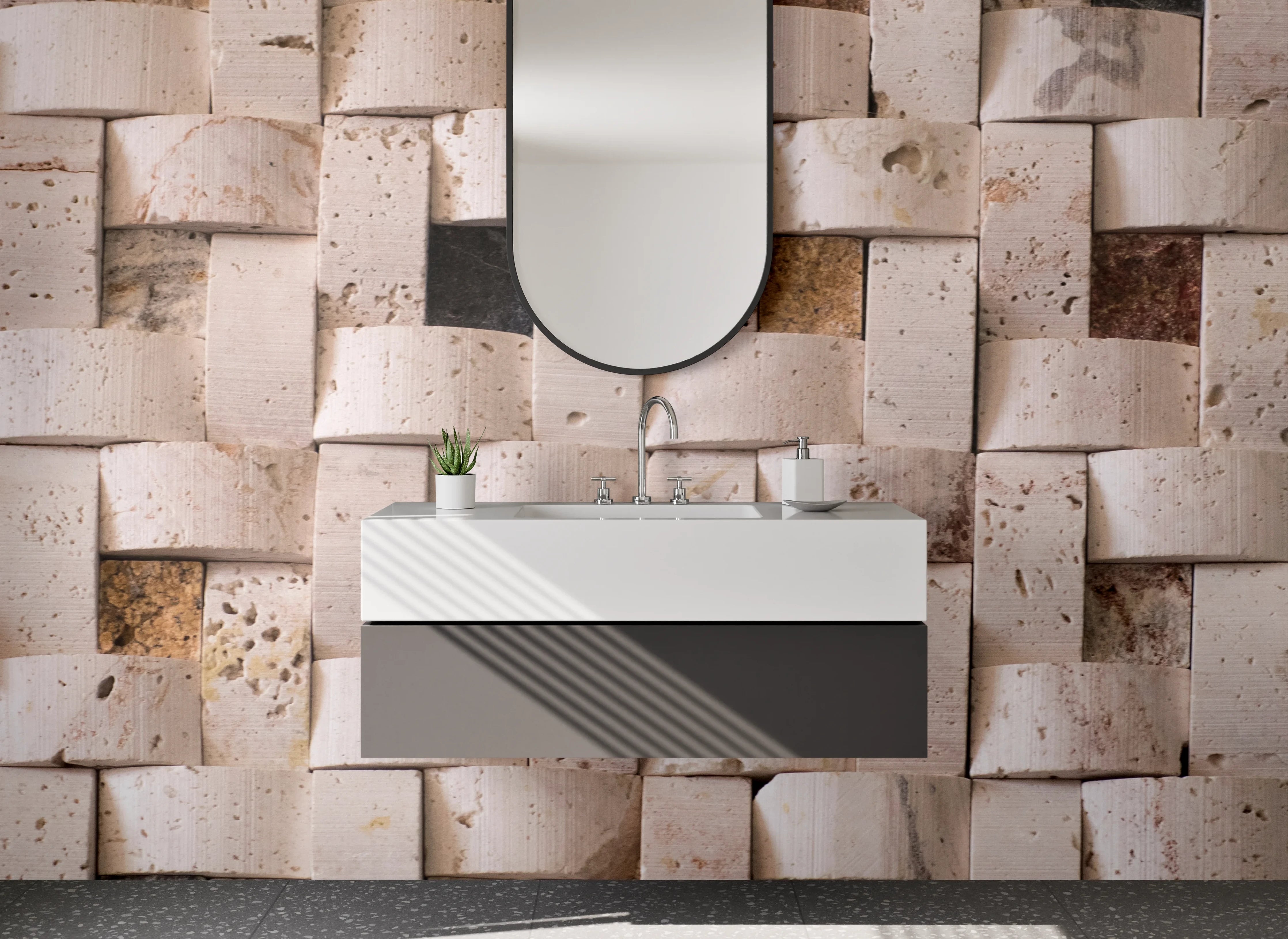 Waschbecken-Rückwand - Natursteinmuster in neutralen Tönen