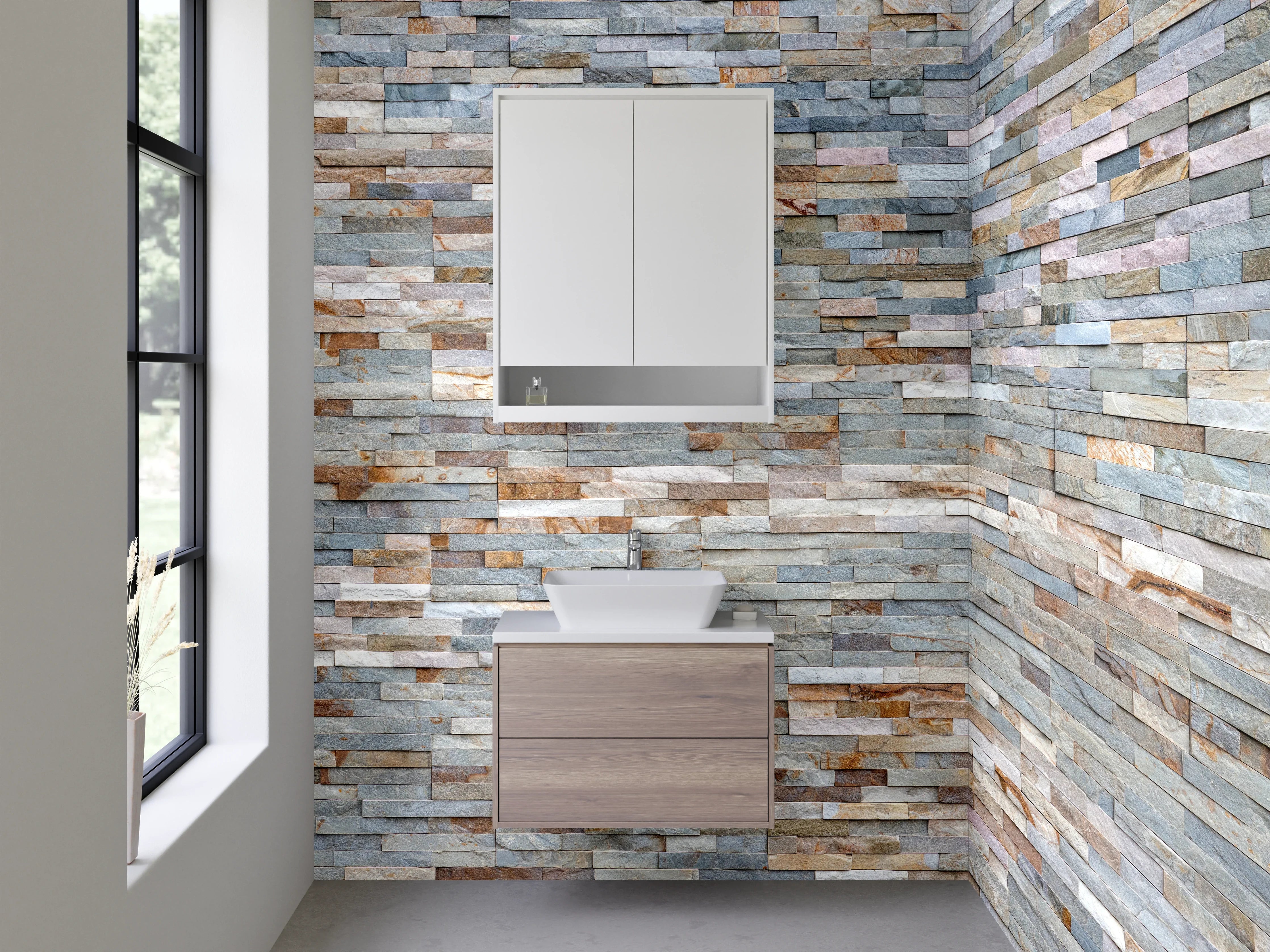 Waschbecken-Rückwand - Natursteinoptik Wandverkleidung Grau Beige