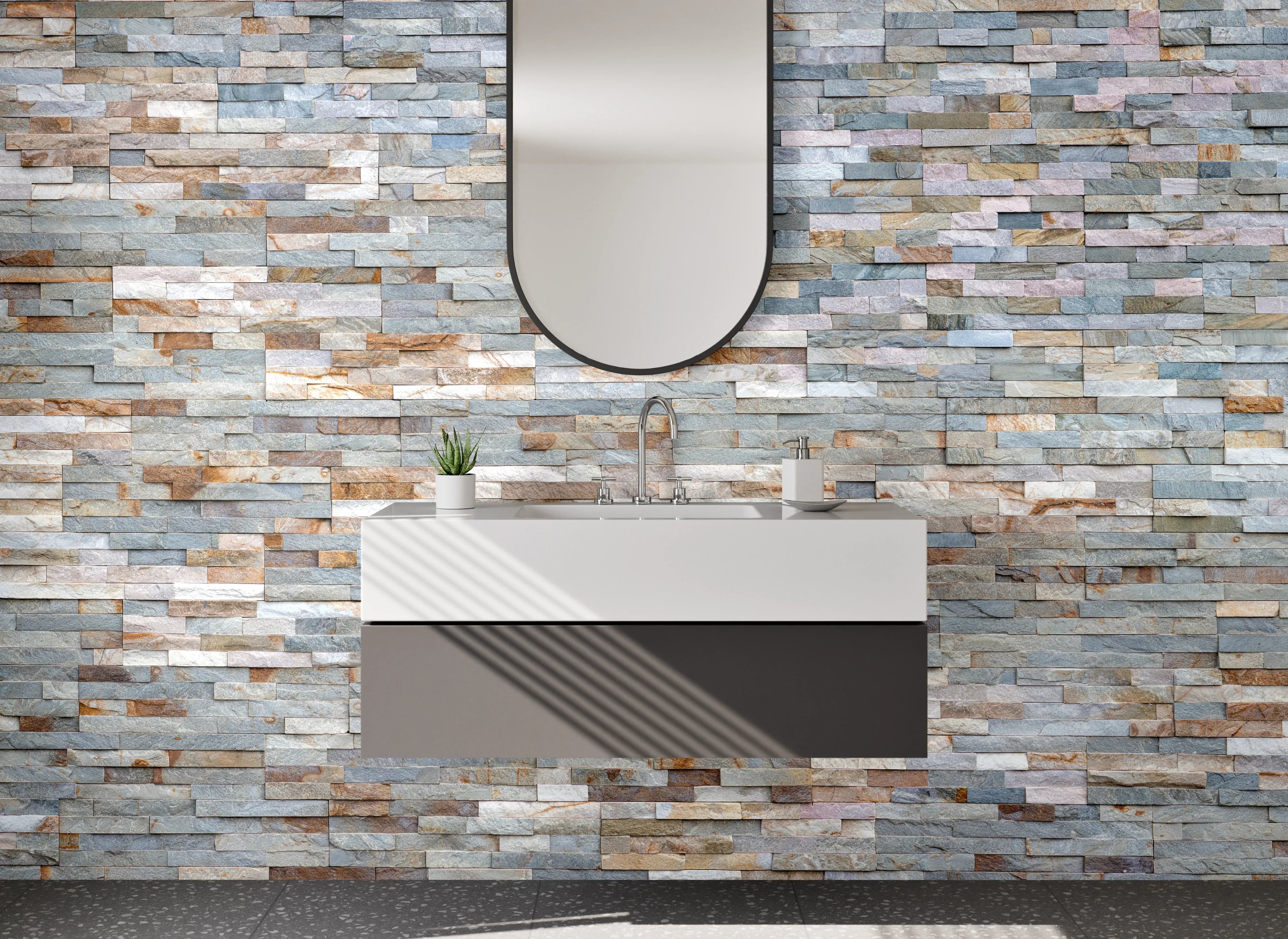 Waschbecken-Rückwand - Natursteinoptik Wandverkleidung Grau Beige