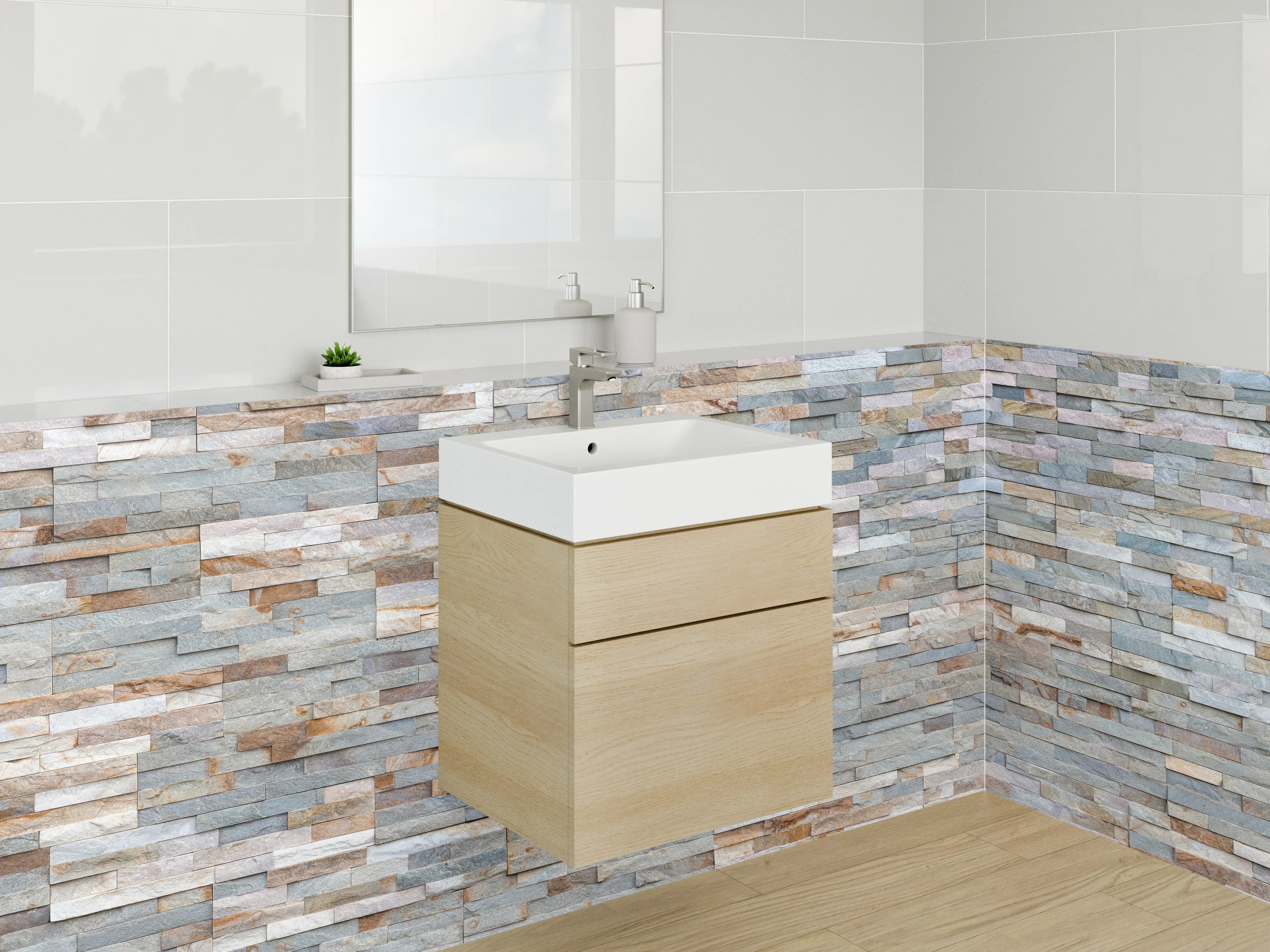 Waschbecken-Rückwand - Natursteinoptik Wandverkleidung Grau Beige