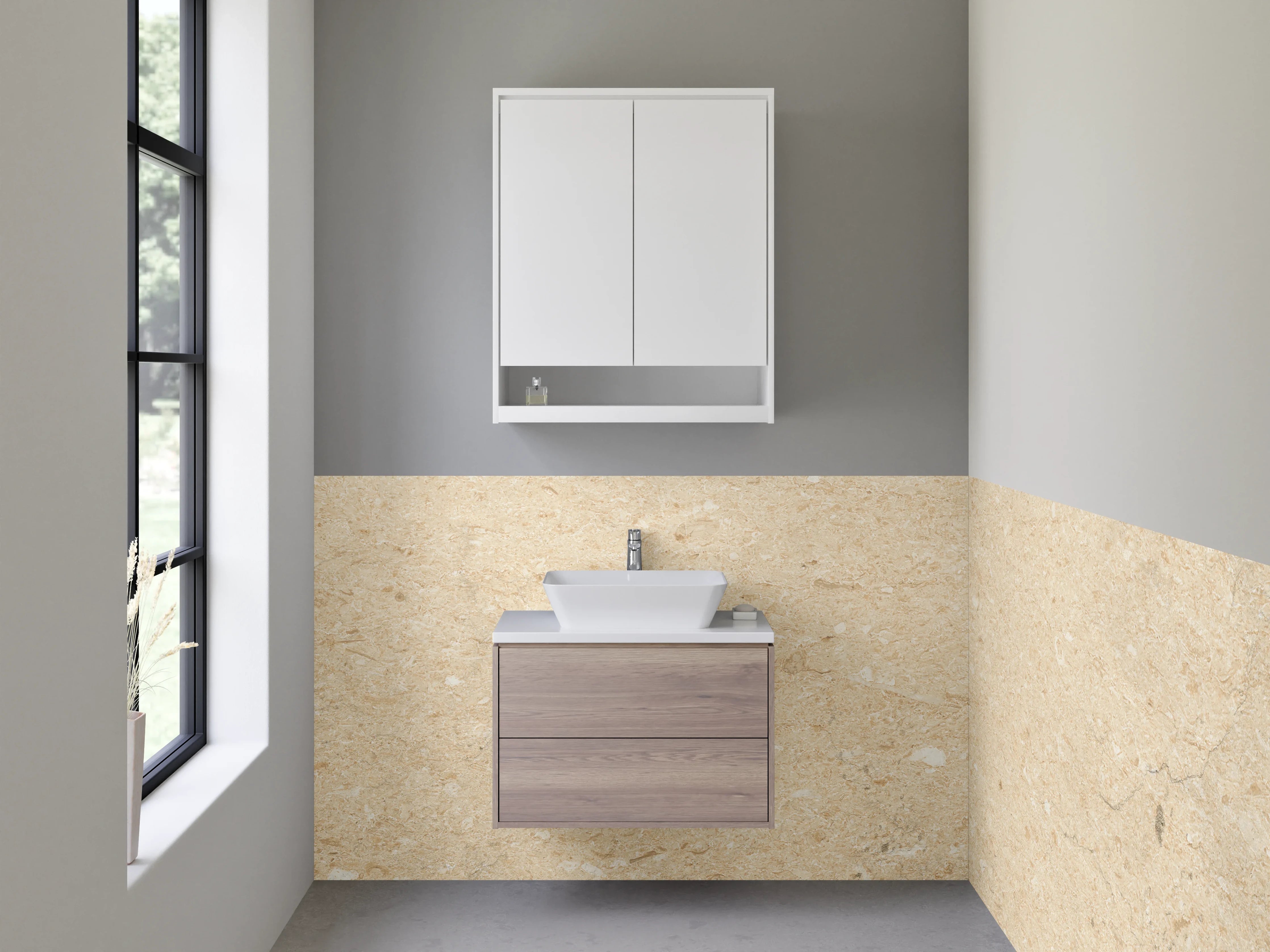 Waschbecken-Rückwand - Natursteinoptik in warmen Tönen