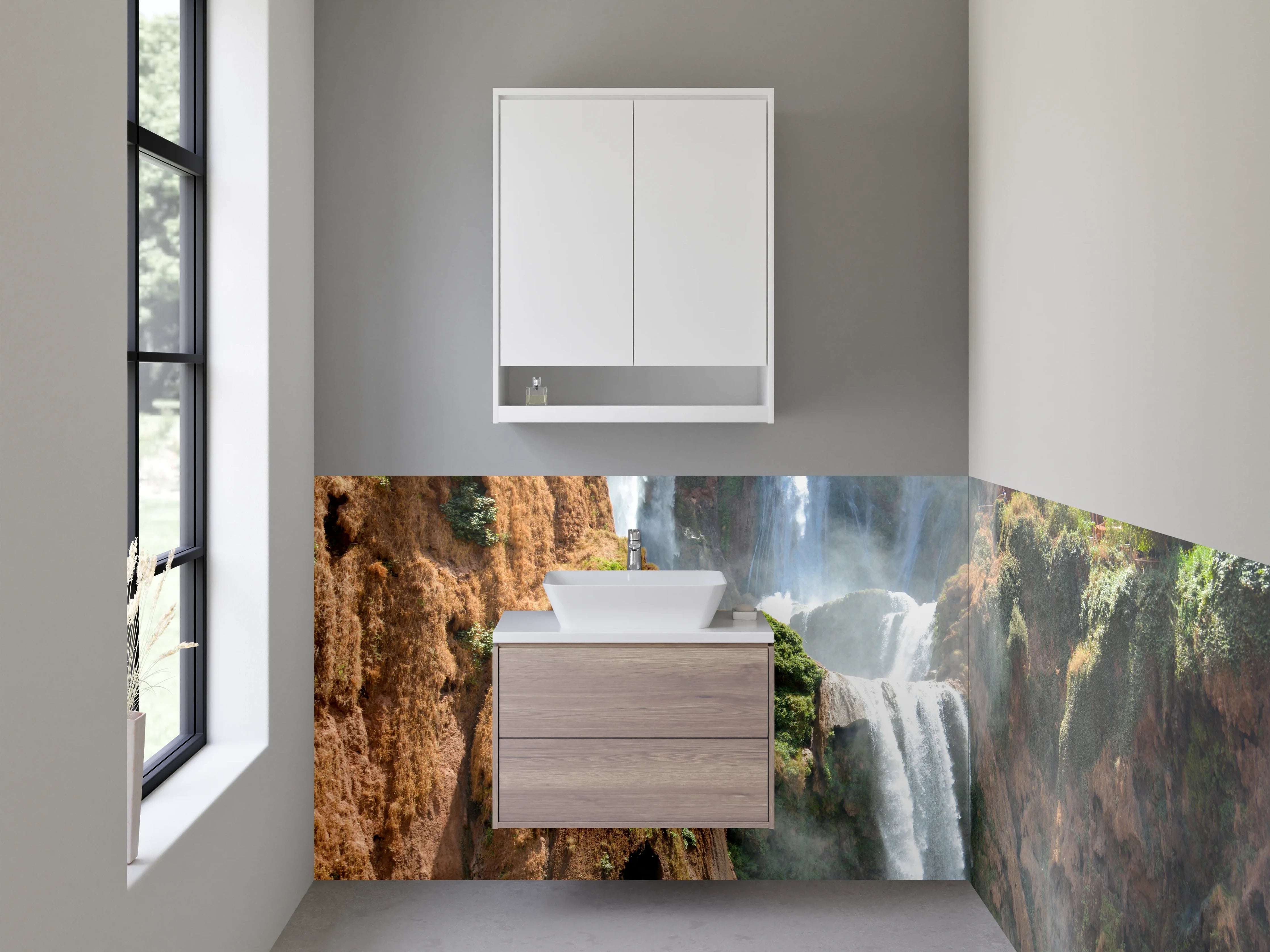 Waschbecken-Rückwand - Naturwasserfall Felsen grün Braun