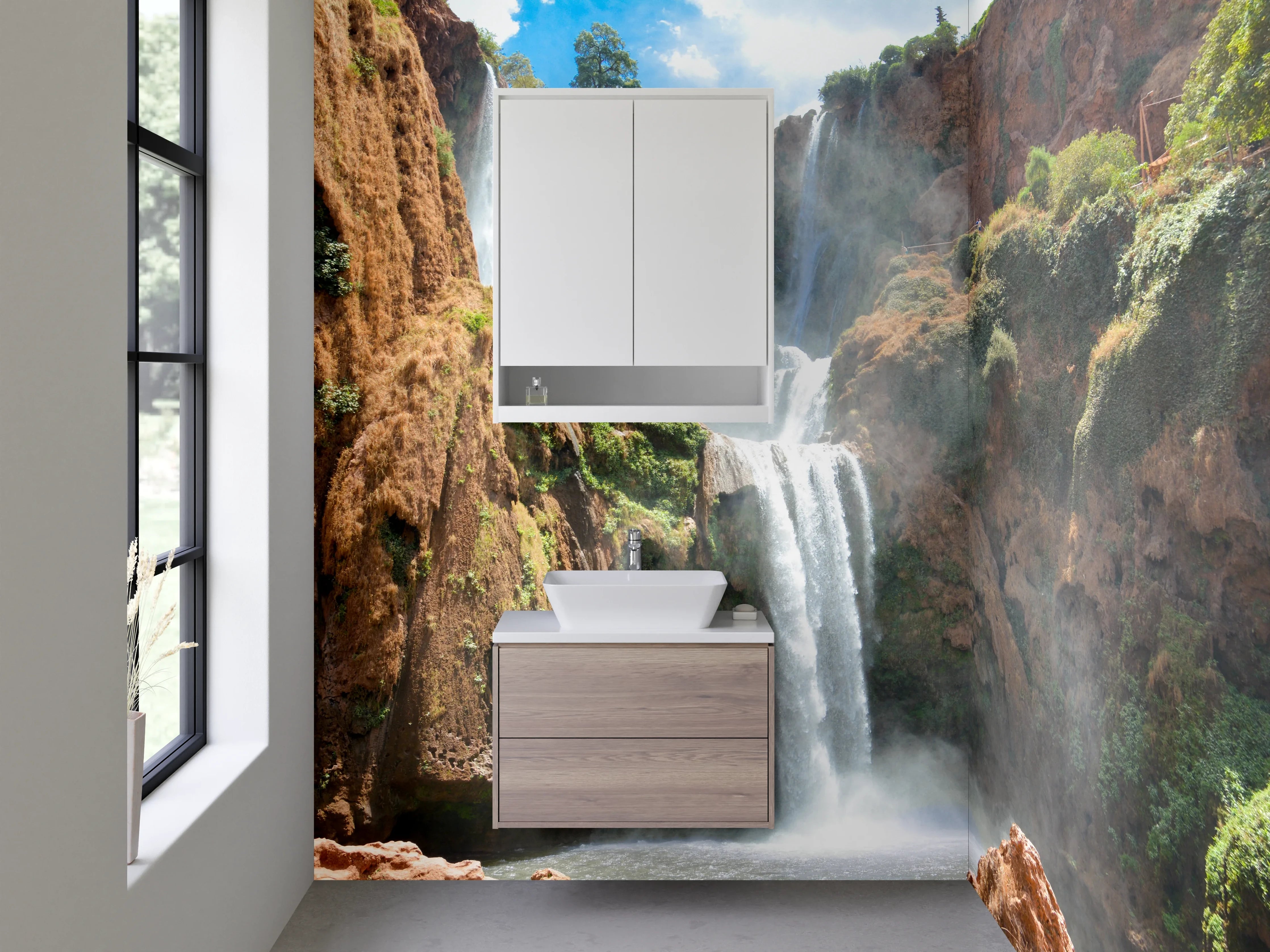 Waschbecken-Rückwand - Naturwasserfall Felsen grün Braun