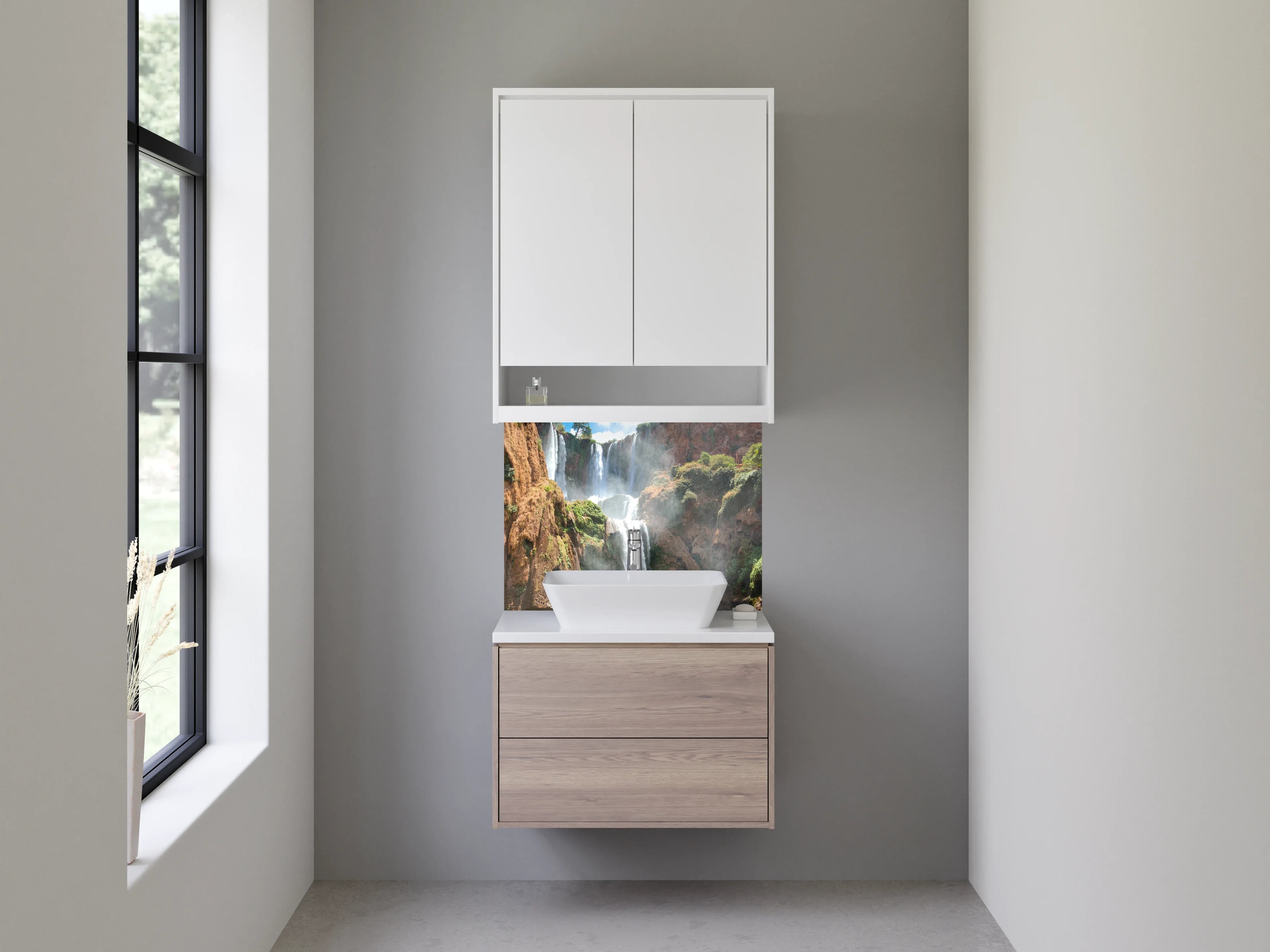 Waschbecken-Rückwand - Naturwasserfall Felsen grün Braun