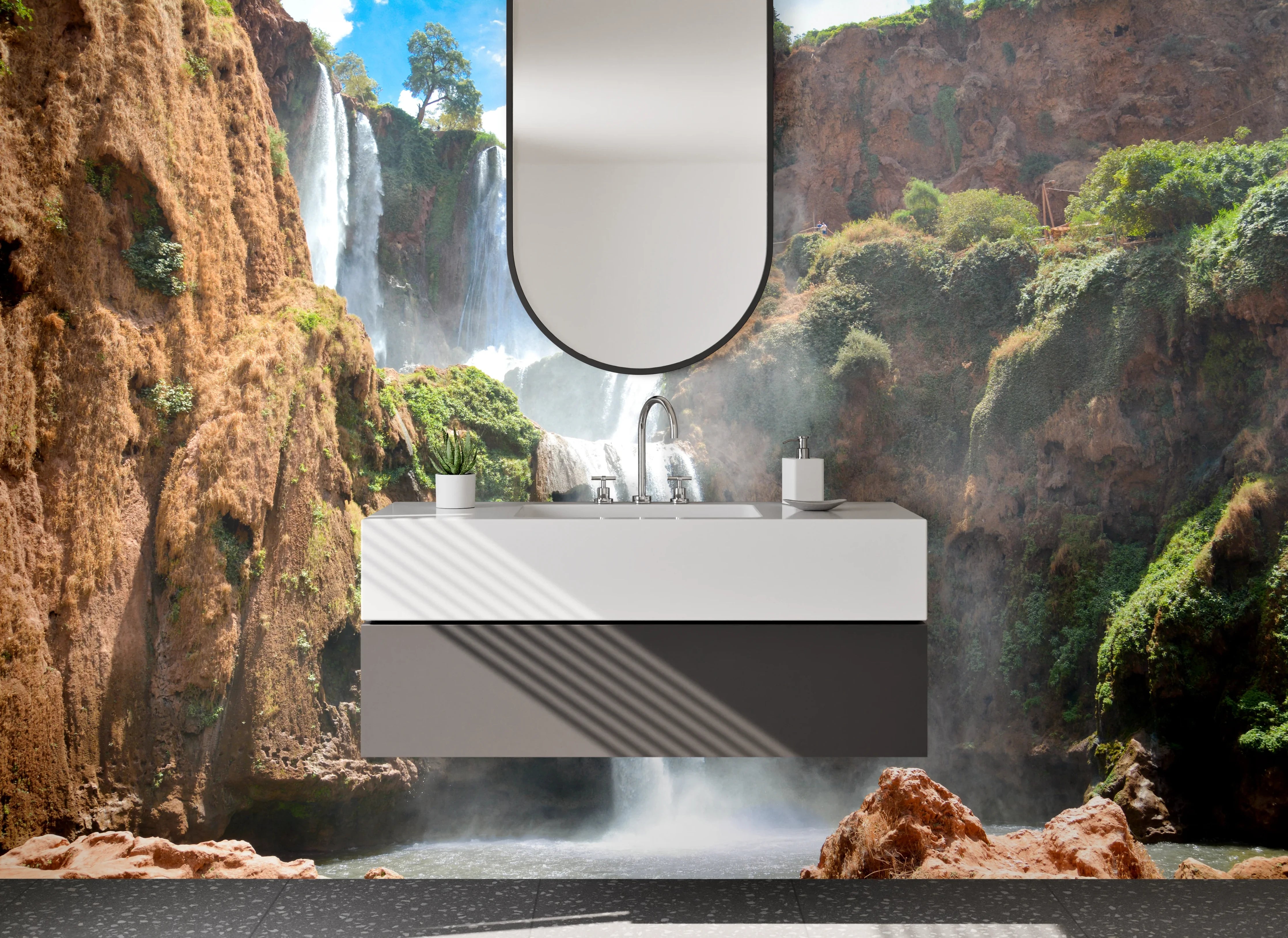 Waschbecken-Rückwand - Naturwasserfall Felsen grün Braun