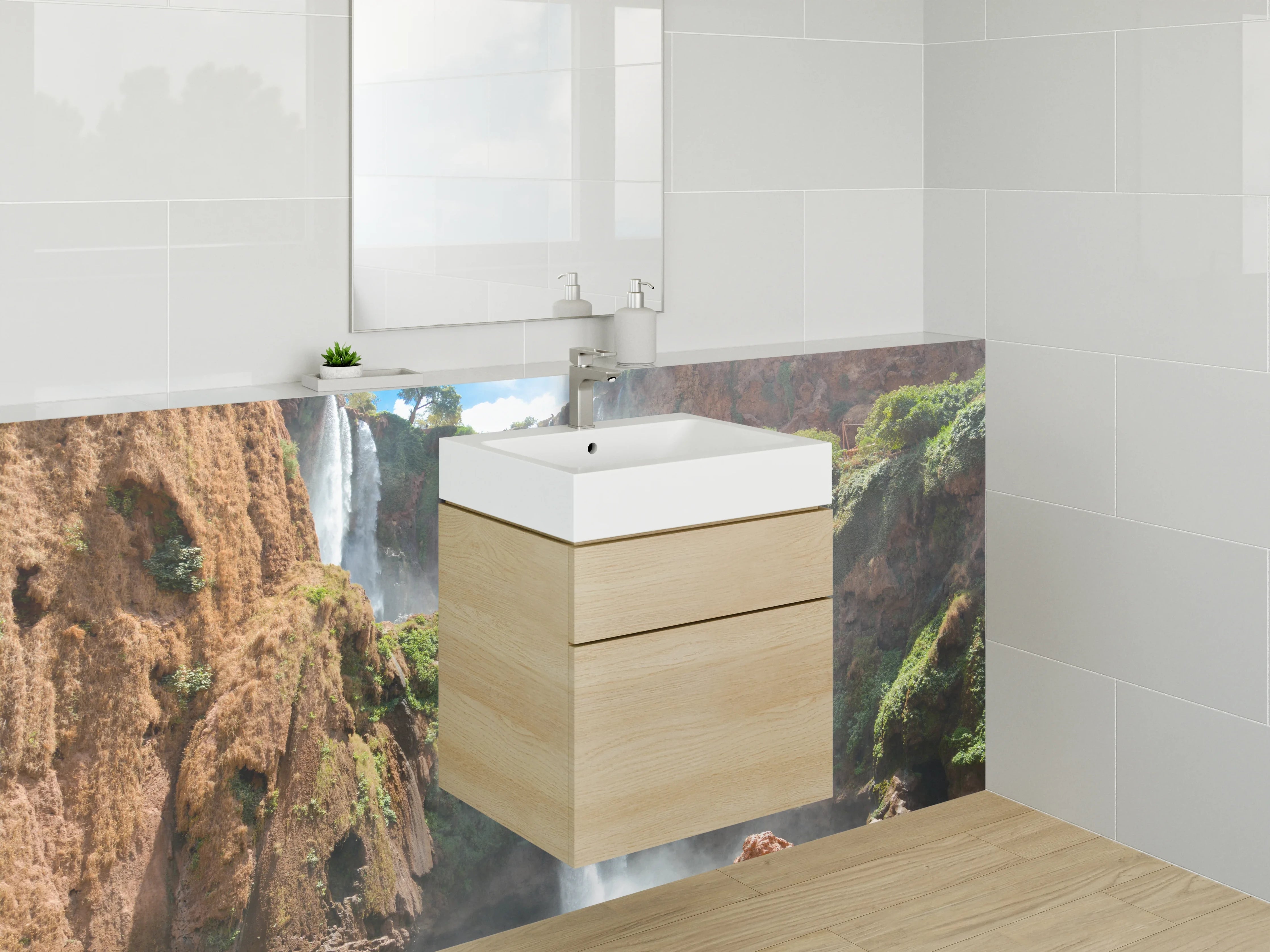 Waschbecken-Rückwand - Naturwasserfall Felsen grün Braun