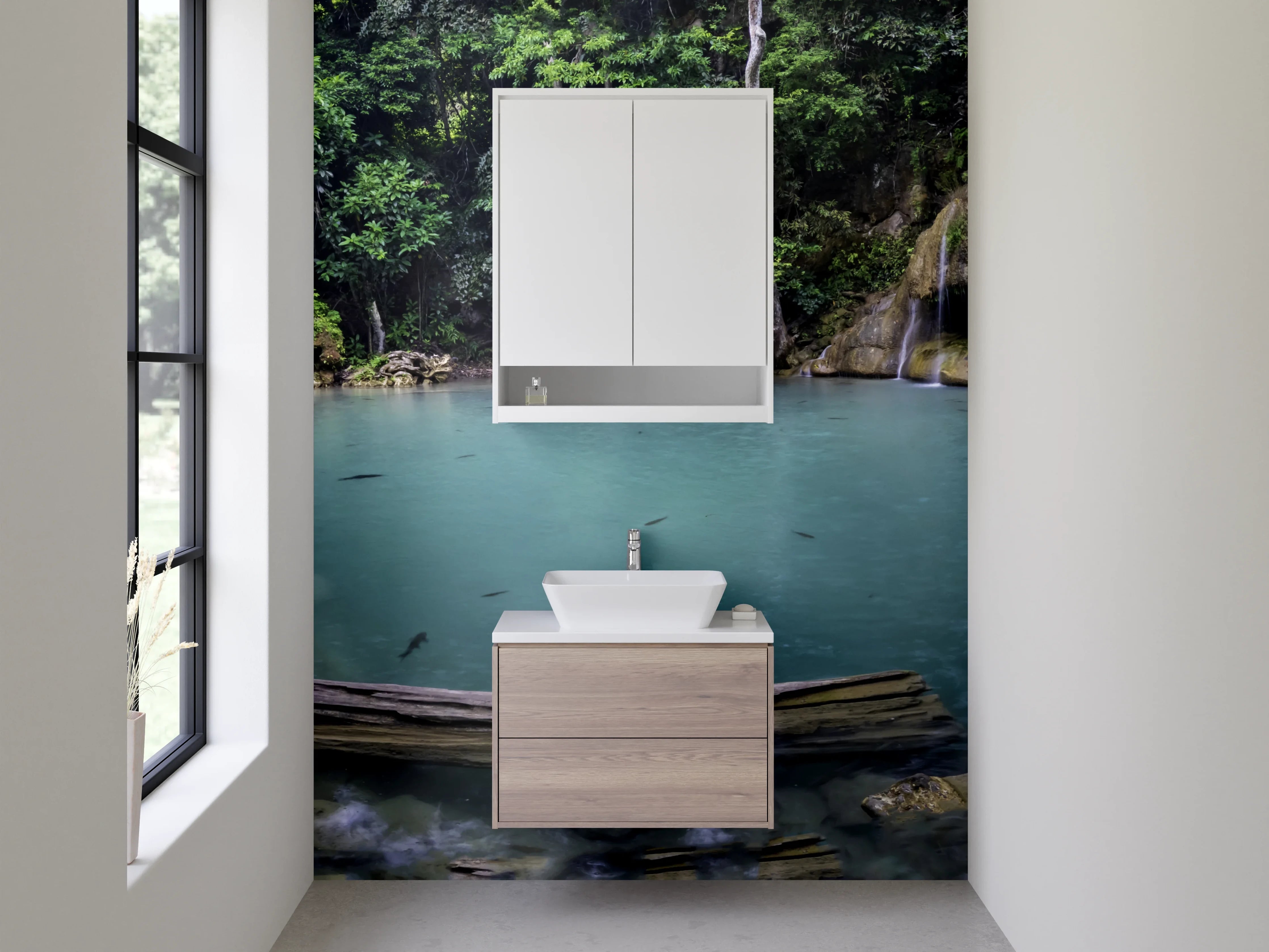 Waschbecken-Rückwand - Naturwasserfall am Dschungelsee