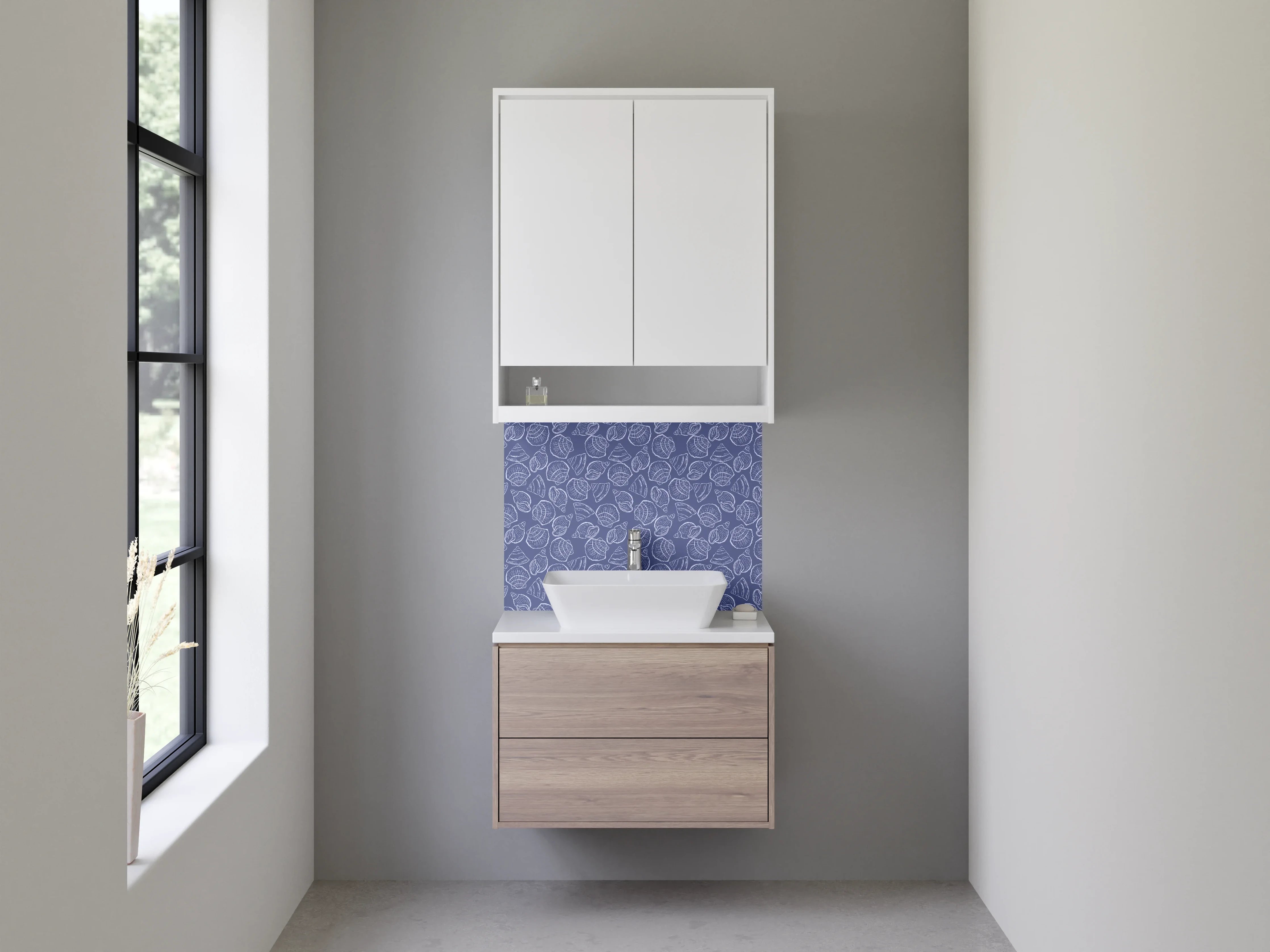 Waschbecken-Rückwand - Navyblaues Meeresmuster mit Muscheln