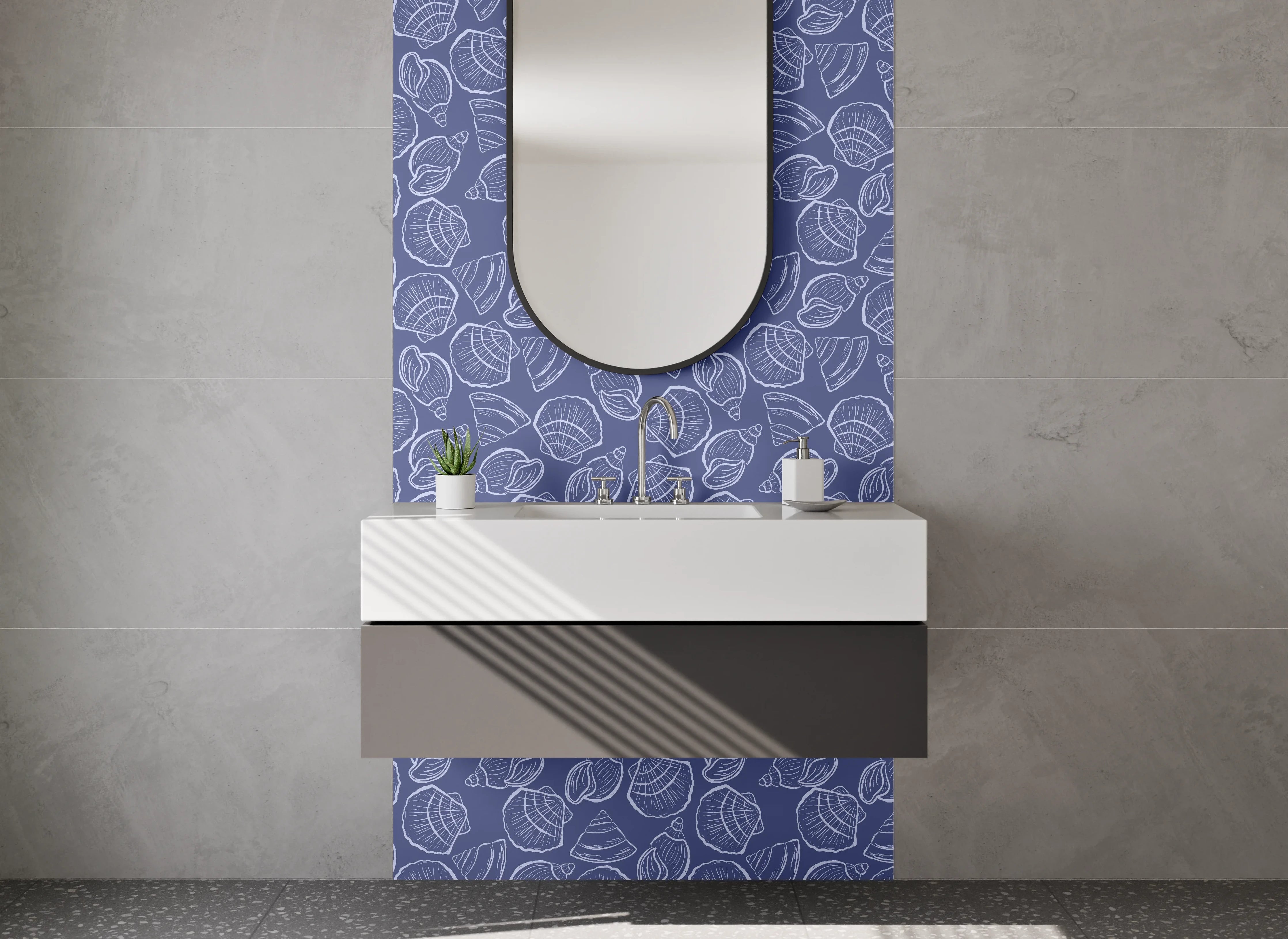 Waschbecken-Rückwand - Navyblaues Meeresmuster mit Muscheln
