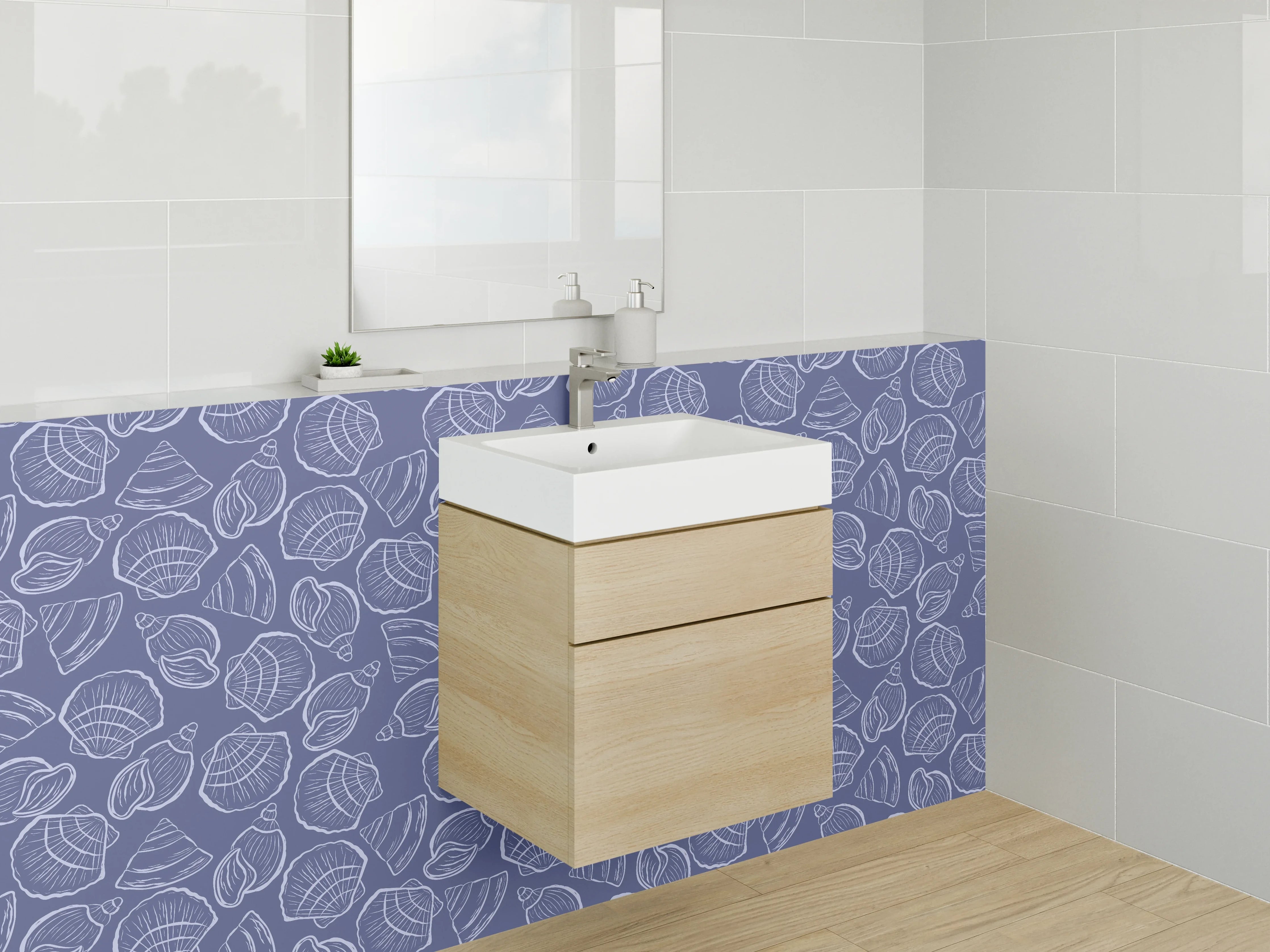 Waschbecken-Rückwand - Navyblaues Meeresmuster mit Muscheln