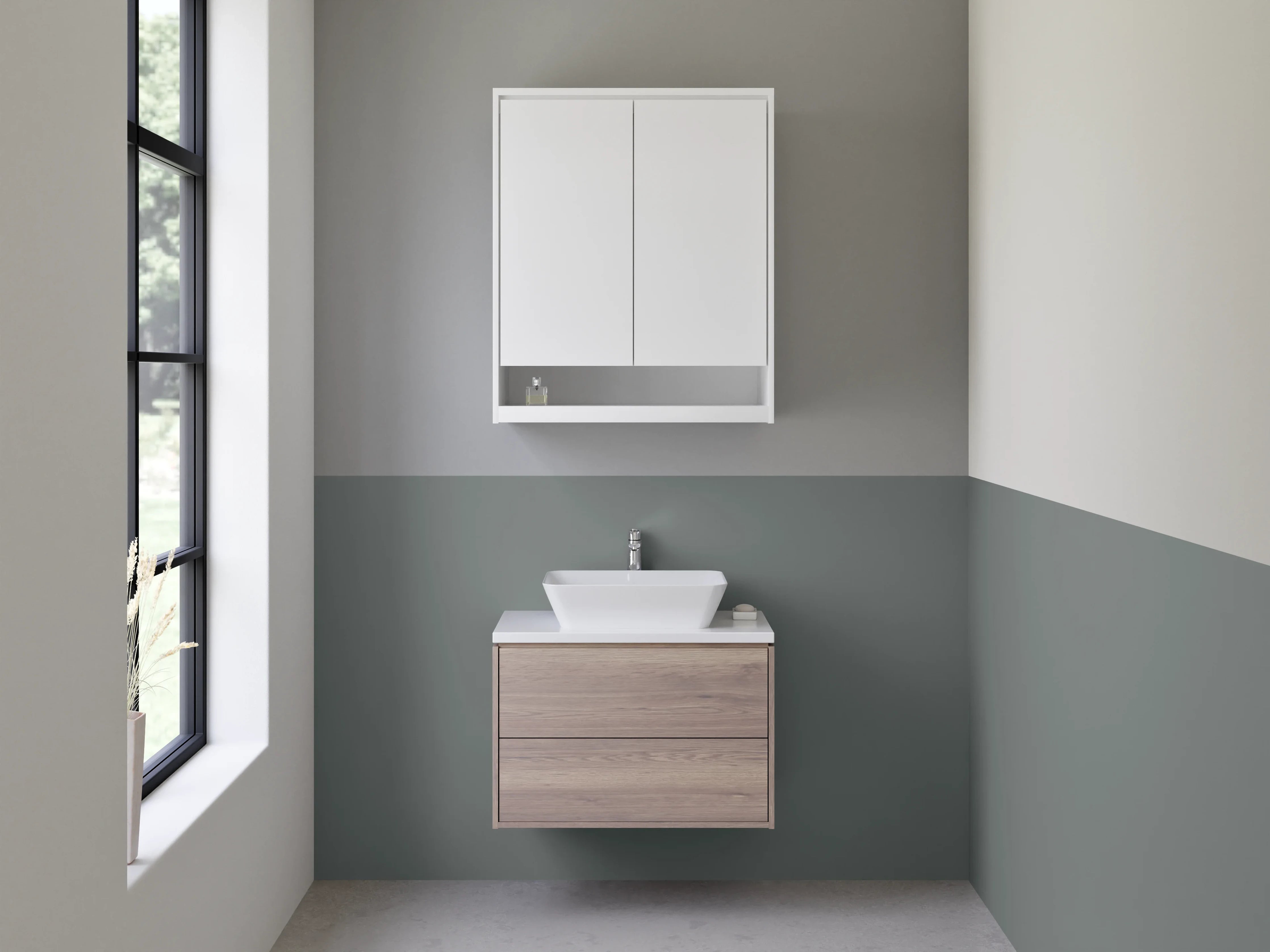 Waschbecken-Rückwand - Nebelgrau auf weißem Grund